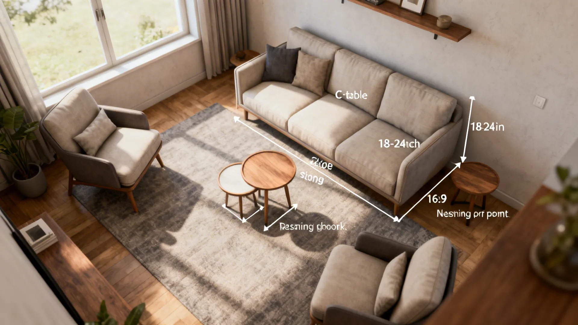 Top-down visualization of small living room layouts with side table placement guides and measurements.