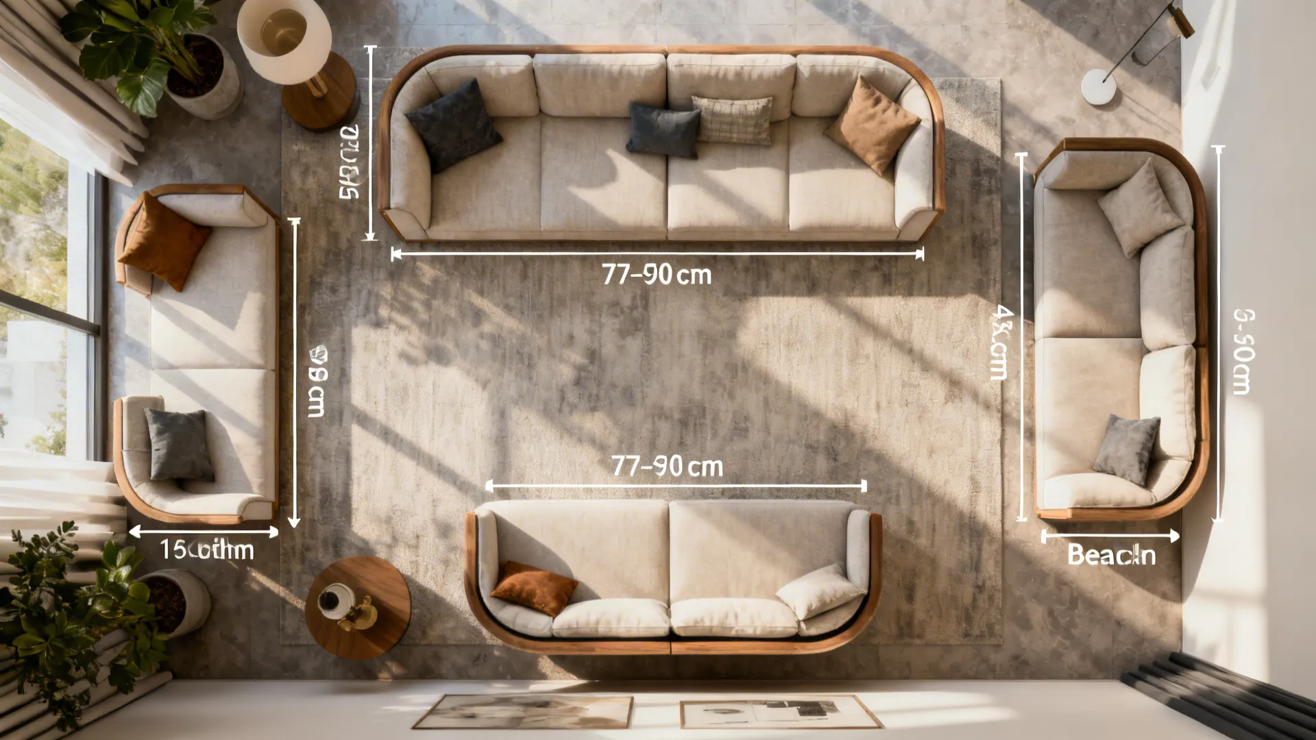 Top-down layout showing sofa options and recommended circulation clearances for a small living room.