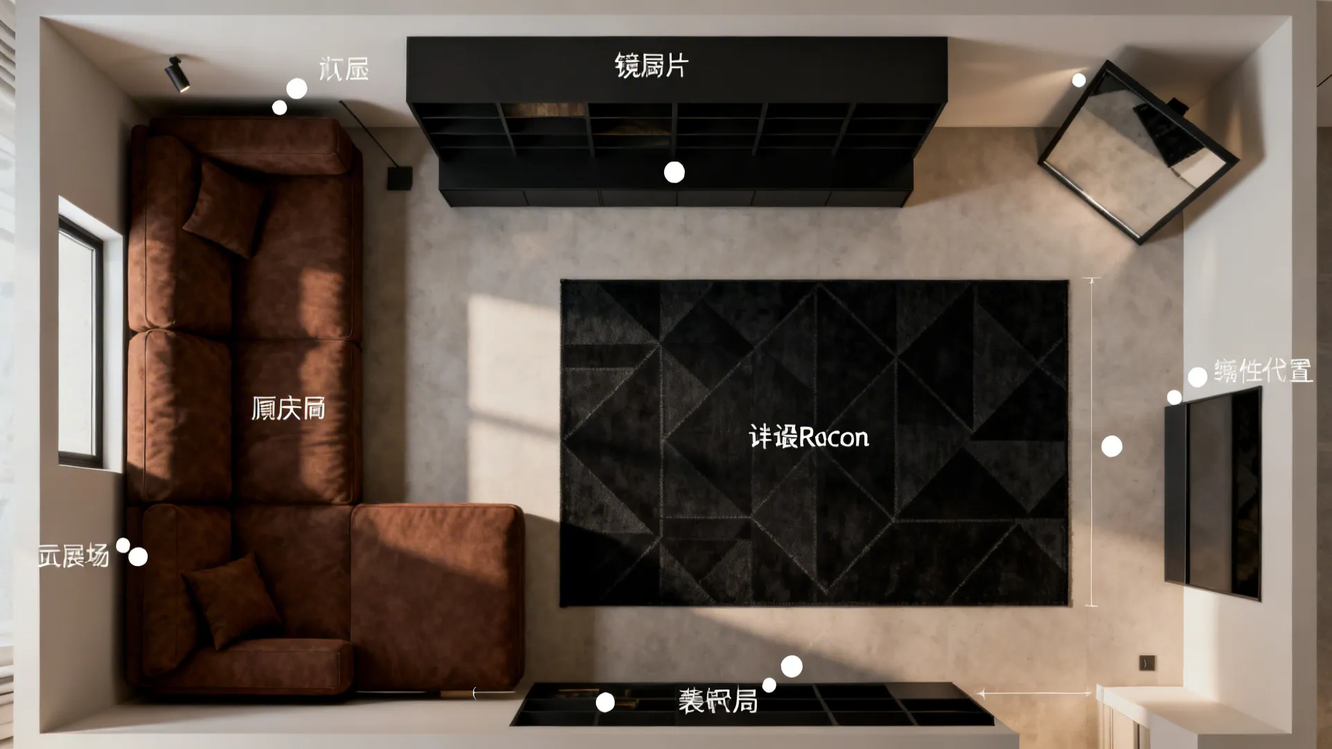 Top-down layout diagram of a small living room with brown sofa, black rug and shelving suggestions.