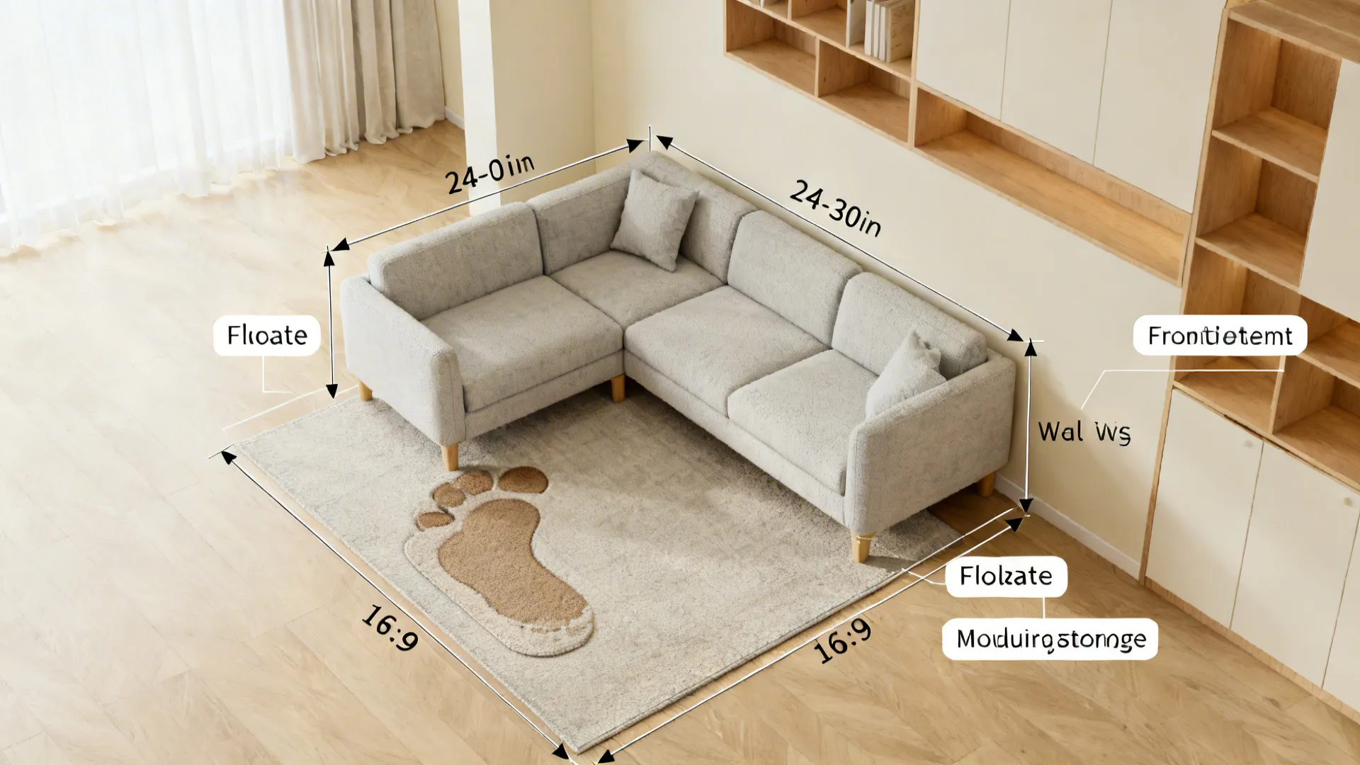 Top-down layout visualization of a small living room showing sectional placement, rug footprint and circulation spacing