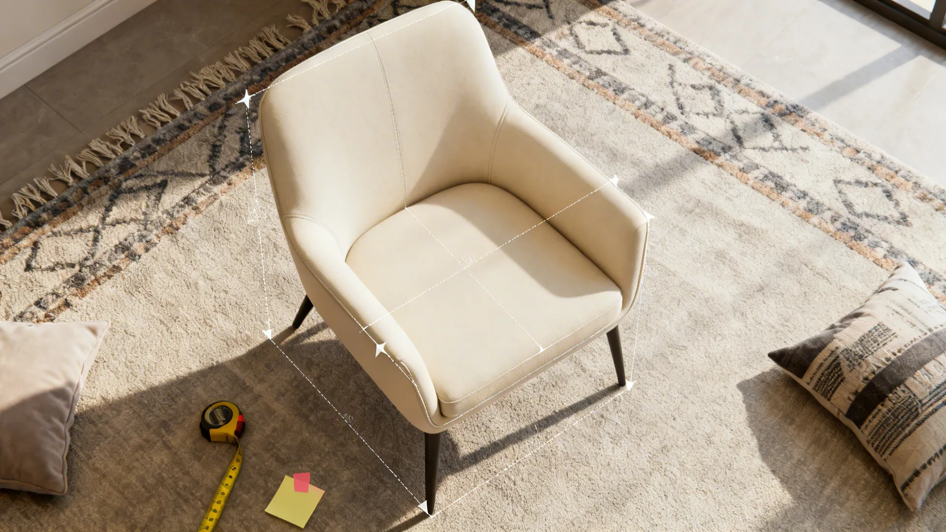Top-down visual showing cream chair placement options and measurements in a small living room