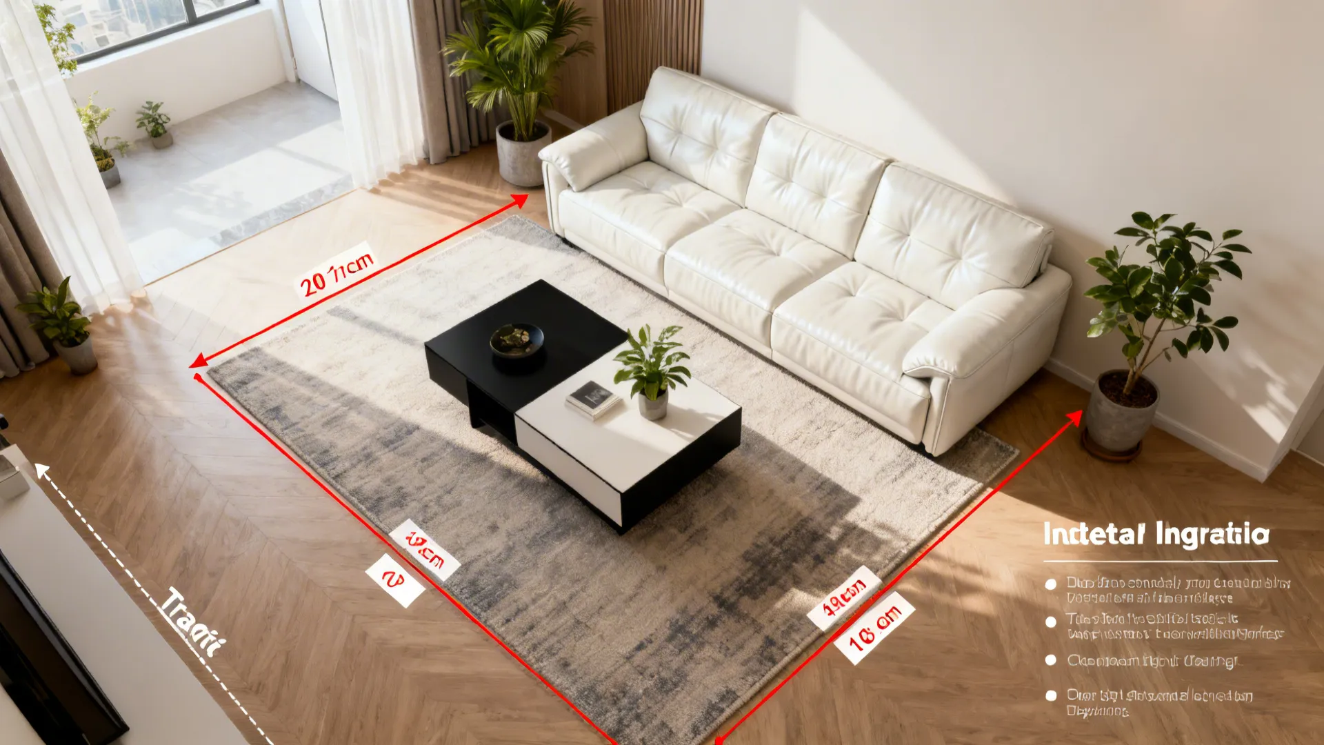 Top-down living room layout showing sofa placement, rug sizing and plant locations with planning notes