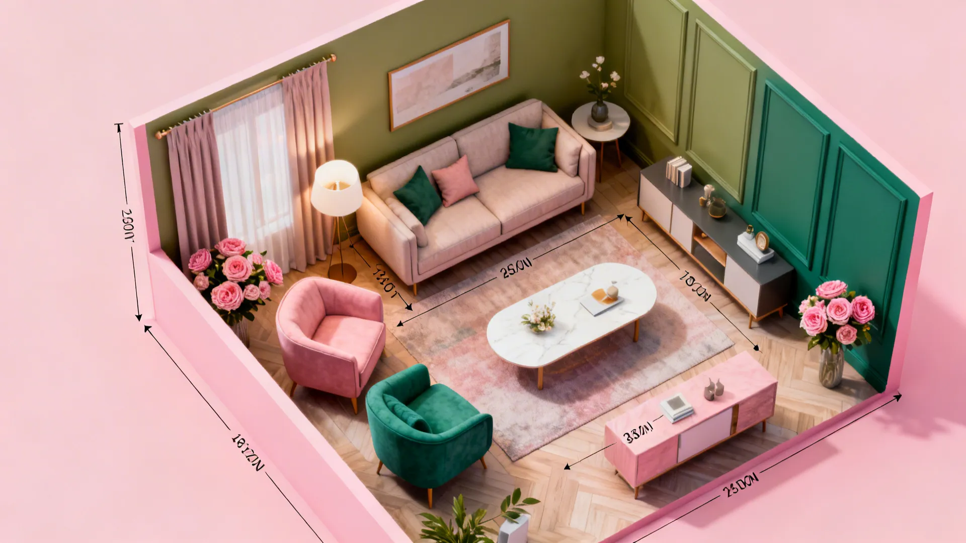 Top-down living room floor plan mockup with pink and green color overlays and furniture layout