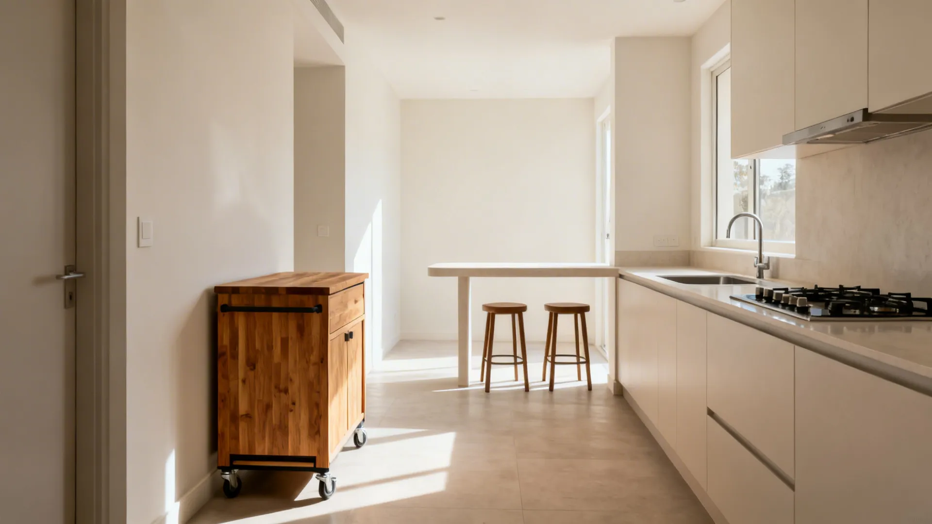 Small Pretoria kitchen with L-shape layout and a movable butcher-block cart.