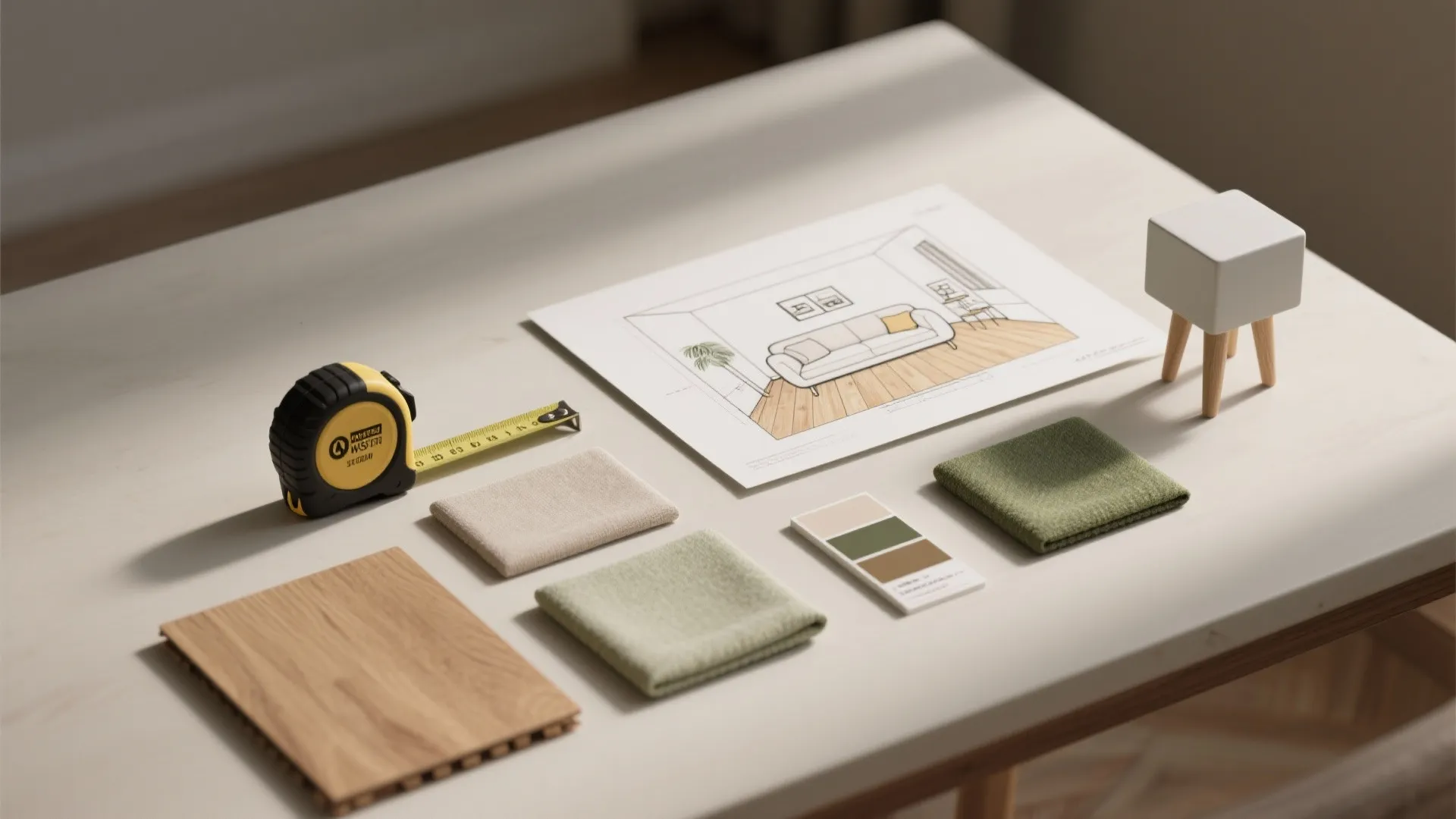 Flatlay of measuring tape, floor sample, upholstery swatches and a room sketch for sofa planning in small spaces.