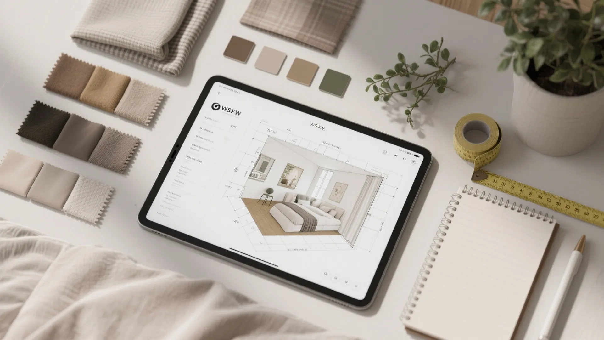 Interior design tools including tablet with bedroom drawing fabric swatches notepad and a yellow measuring tape