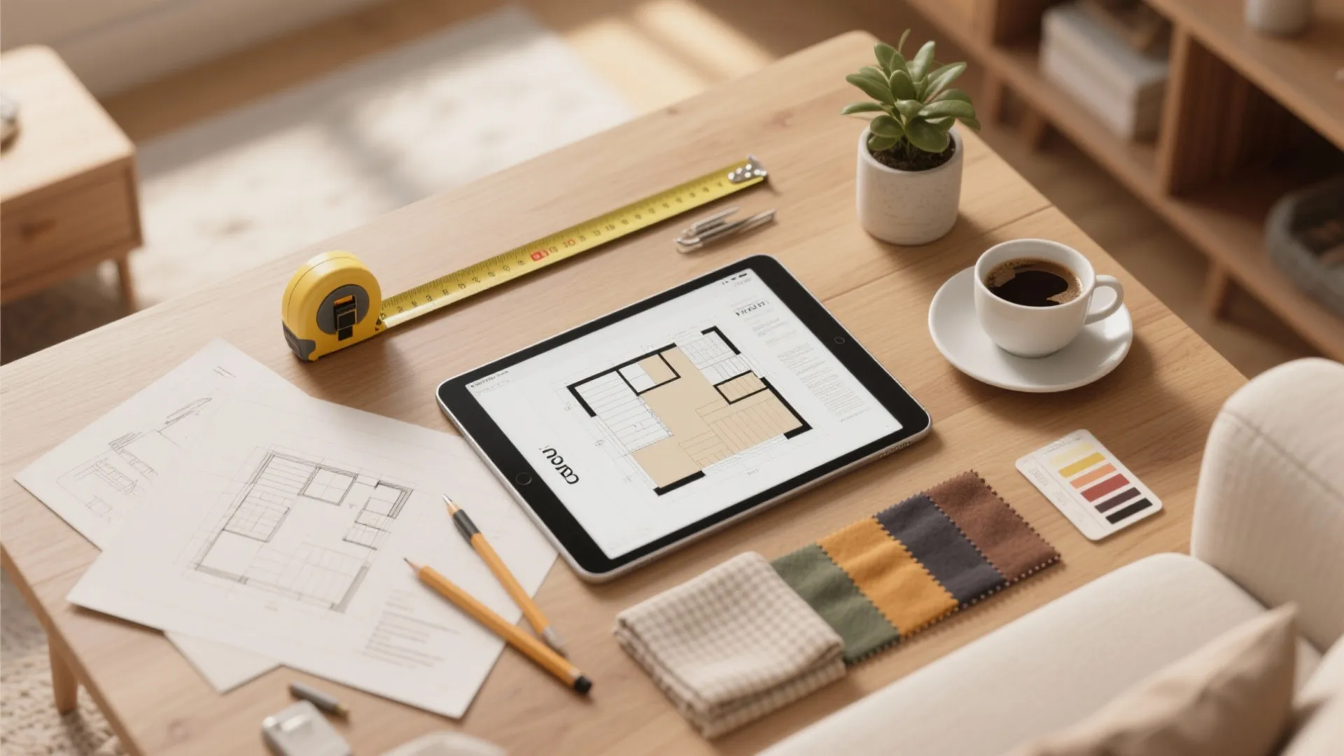 Wooden table with tablet showing floor plan plus tape measure fabric swatches and a coffee cup