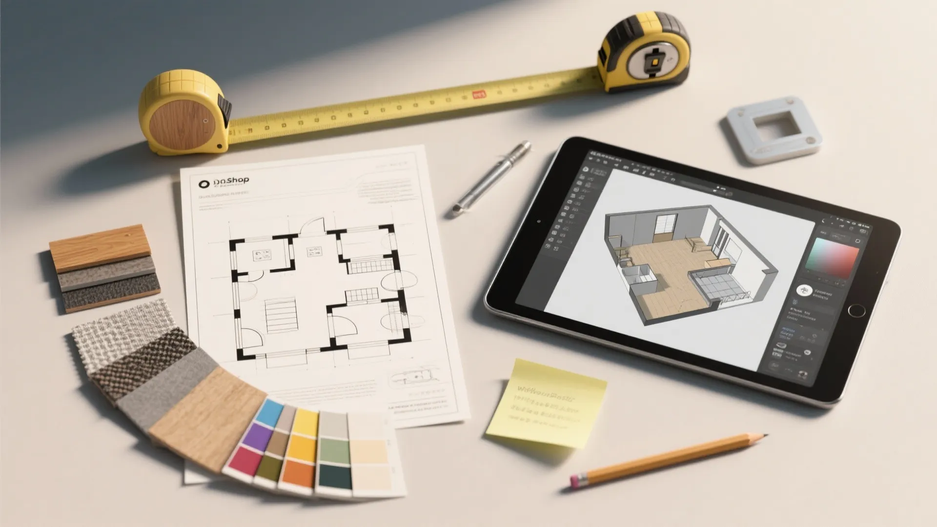 Interior design drawing with color samples and tablet showing three dimensional room model on white desk