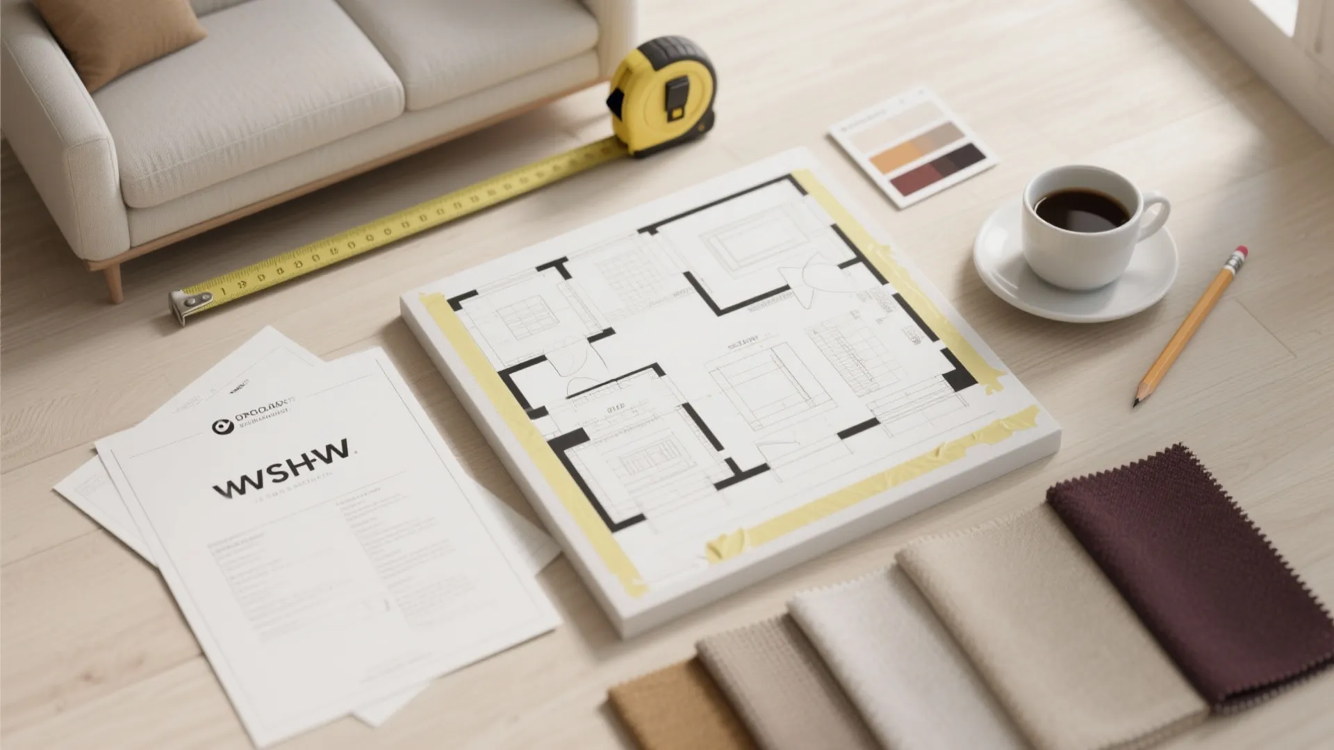 Top-down flatlay of floor plan templates, tape measure, fabric swatches and color cards for small living room planning.