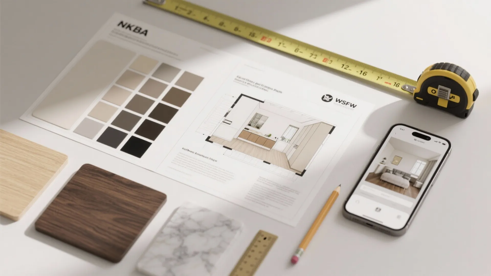 Top-down flatlay of measurement tools, color swatches, material samples and a layout mockup for planning a small buffet.