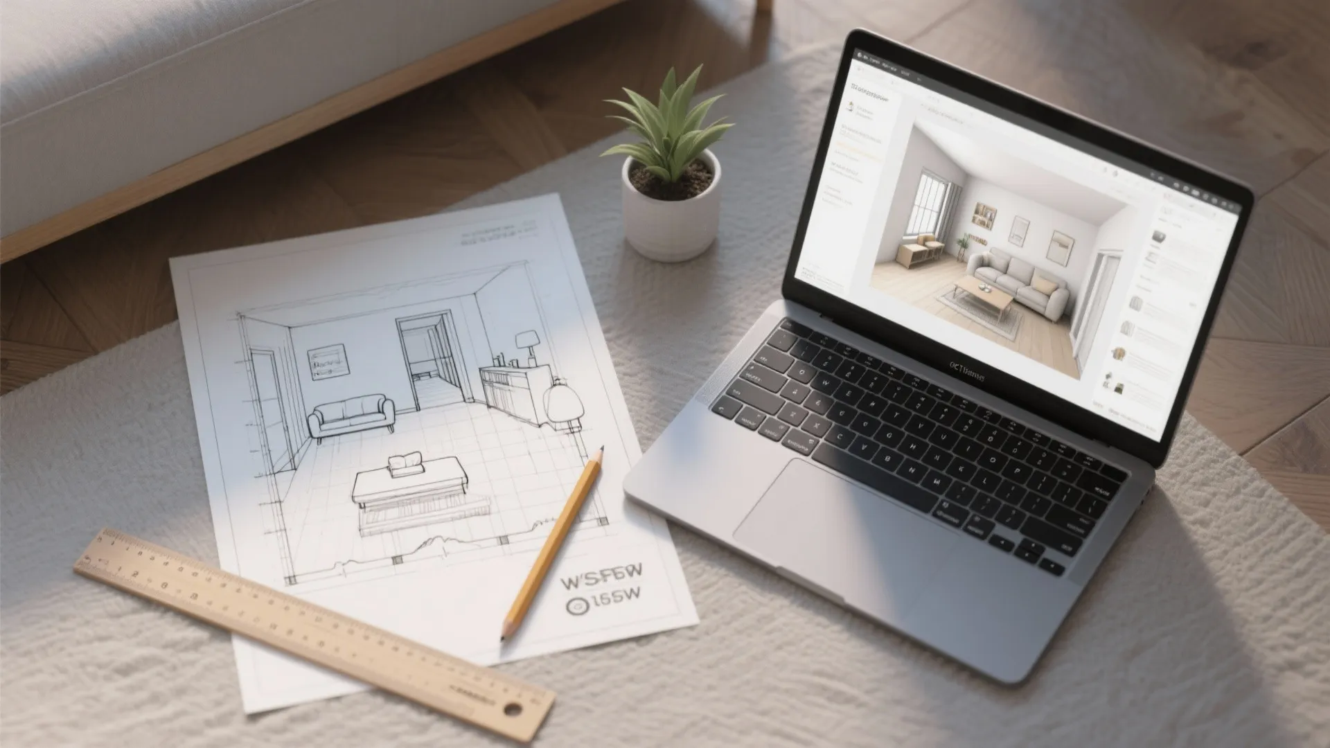 Interior design drawing on paper next to a laptop showing a 3D living room model