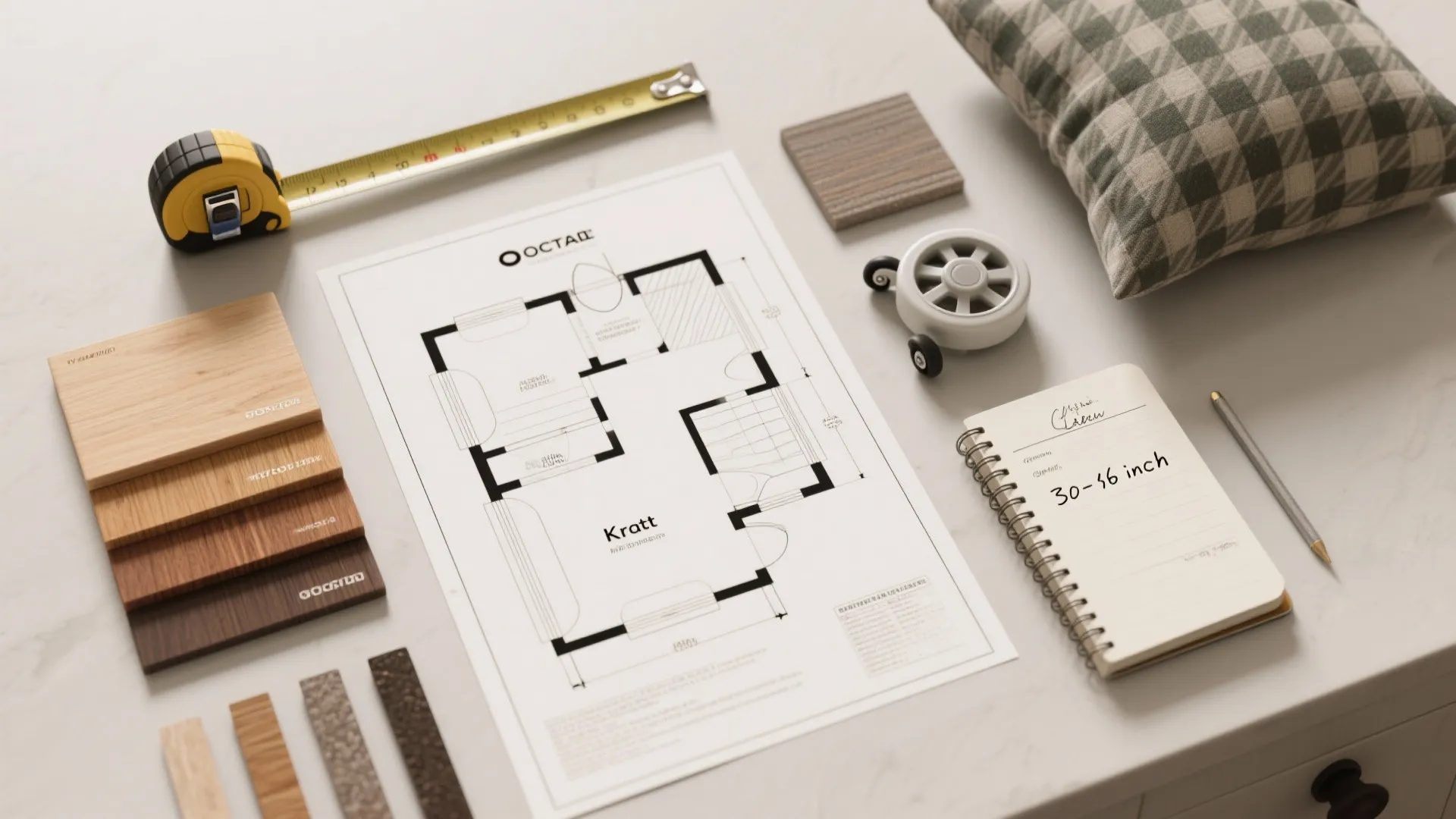 Flatlay of tape measure, floor plan, wood and fabric swatches for planning small kitchen dining layouts.