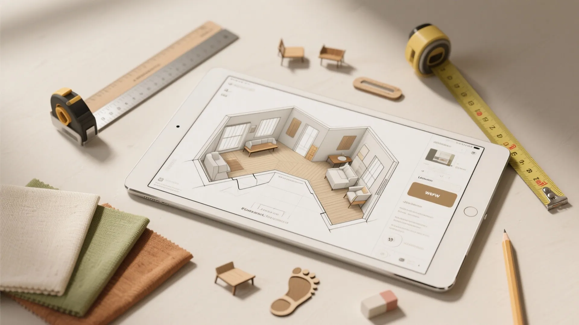 Tablet displaying interior design drawing surrounded by measuring tape ruler pencil and colorful fabric swatches