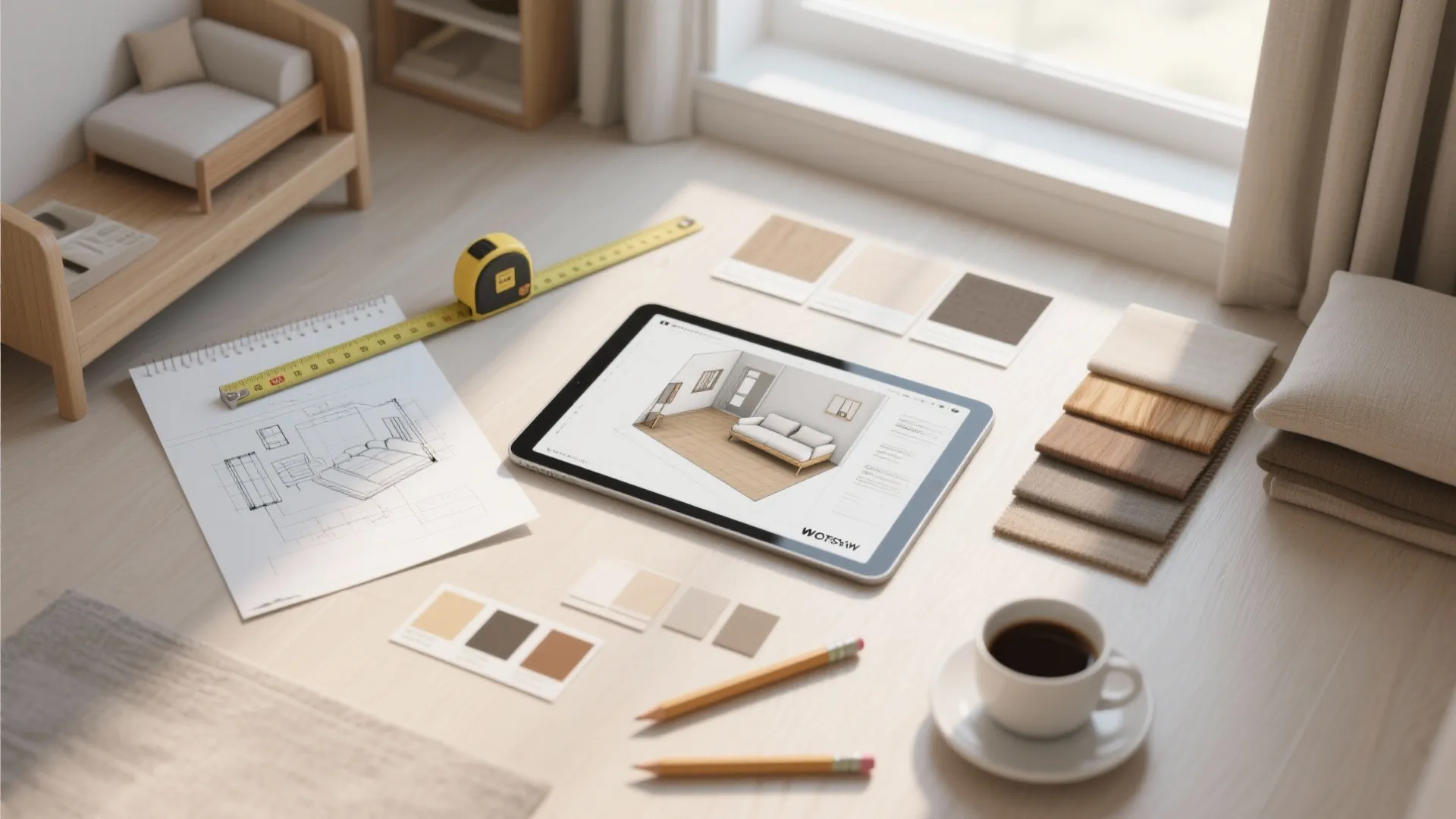 Interior design planning with tablet showing 3D model color samples sketch pencils and tape measure