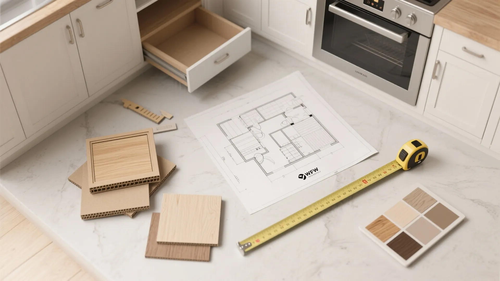 Top-down flatlay of kitchen planning tools including scaled plans, cardboard mock-ups, finish swatches and a tape measure.