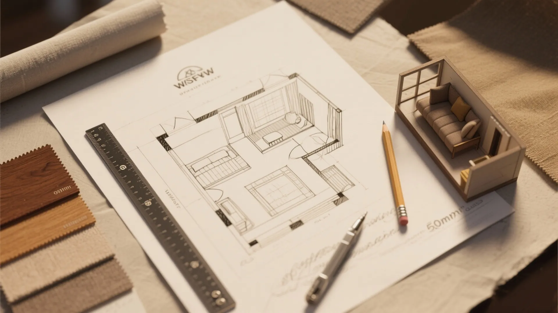 Interior design drawing on paper with ruler pencil small sofa model and wood material samples