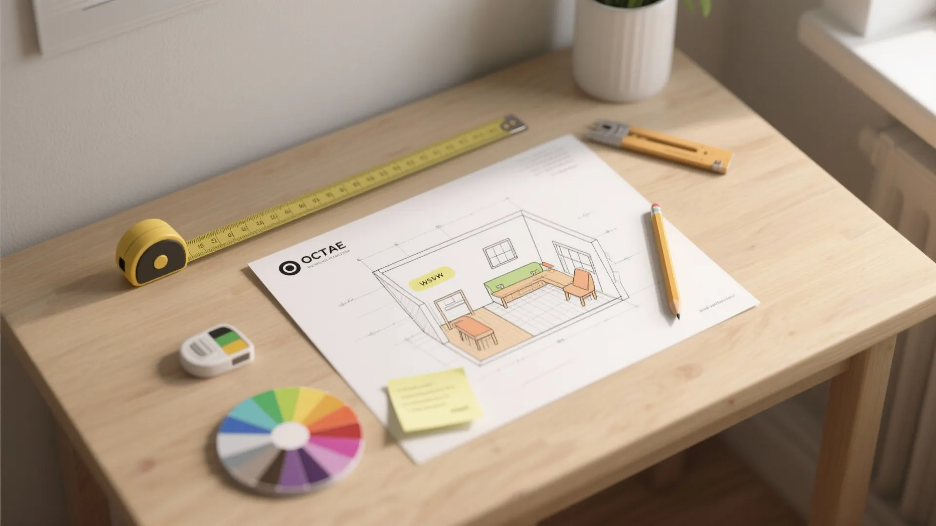 Interior design drawing on wooden desk with measuring tape pencil color wheel and sticky notes