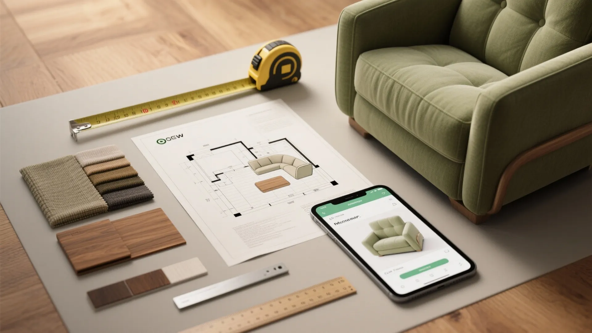 Flat lay interior design layout showing green sofa, measuring tape, floor plan, and material samples