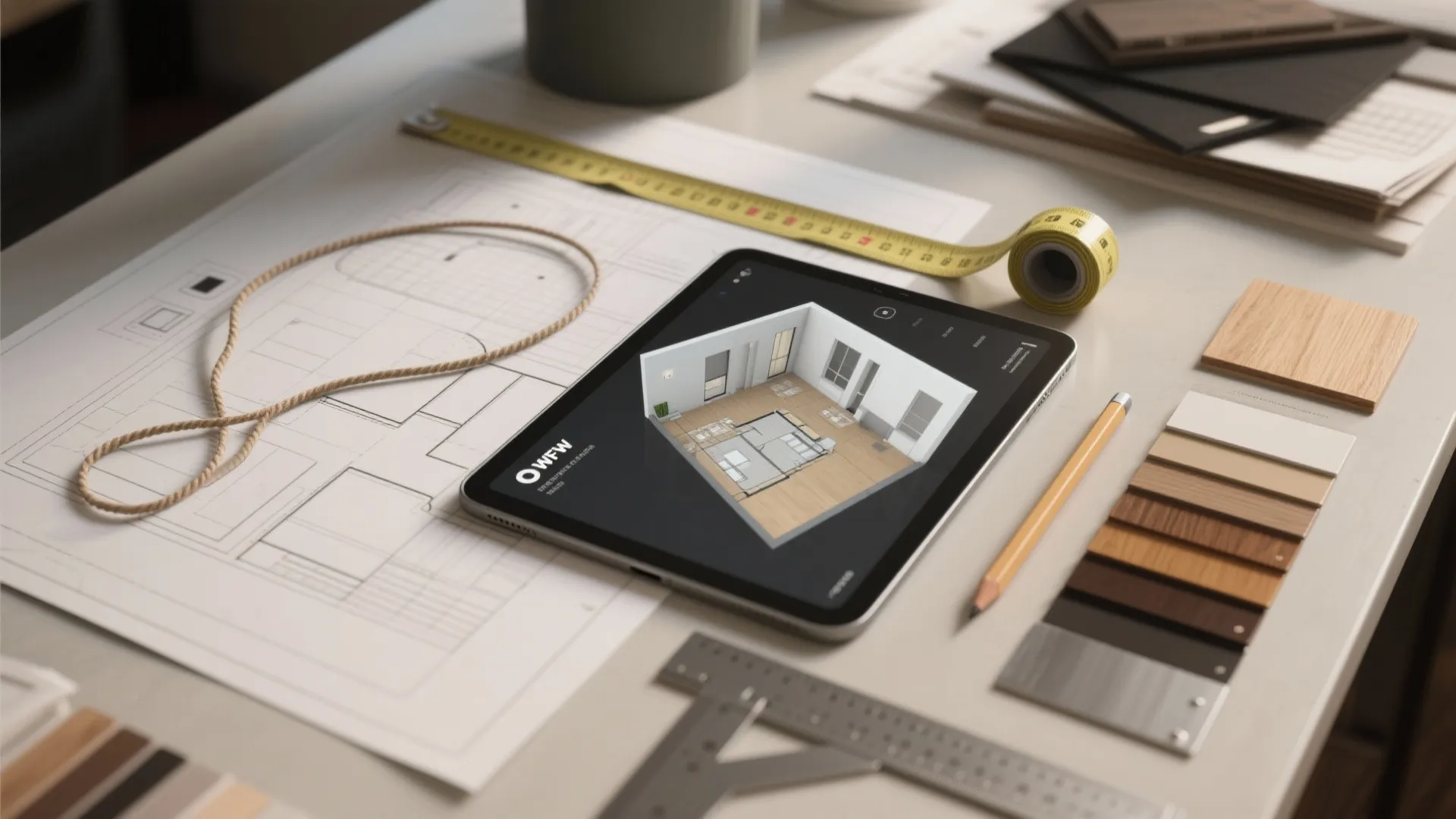 Flatlay of paper templates, string, measuring tape and a tablet with a 3D planner for fixture mockups