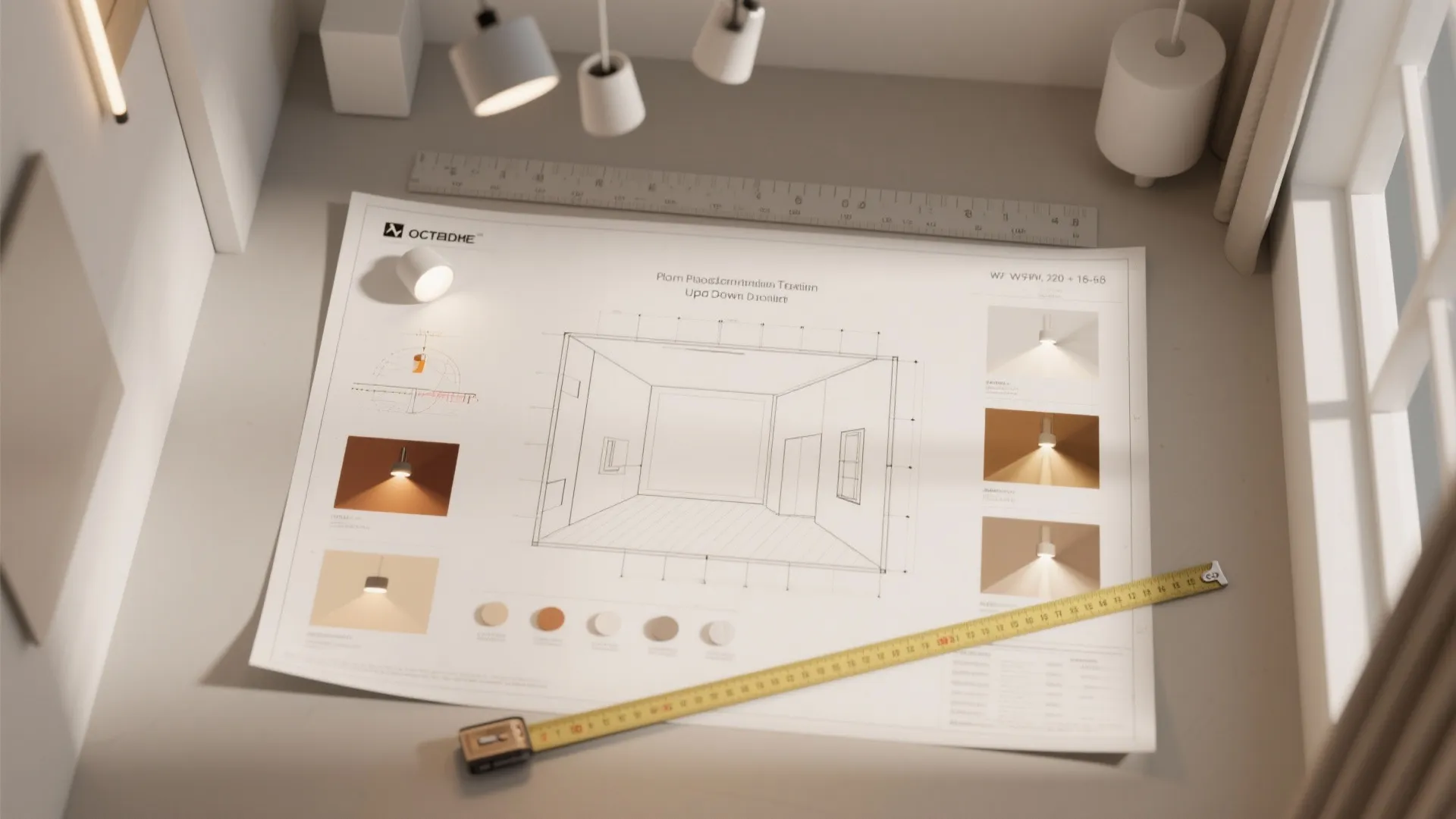 Top-down flatlay of a room planner with fixture thumbnails, beam diagrams and color swatches for lighting layout testing.