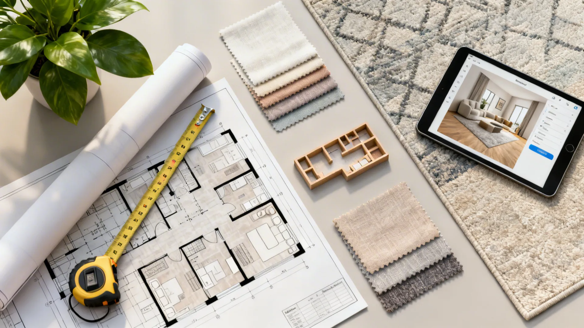 Flatlay of a floor plan, tape measure, fabric swatches and a tablet showing a room planner.