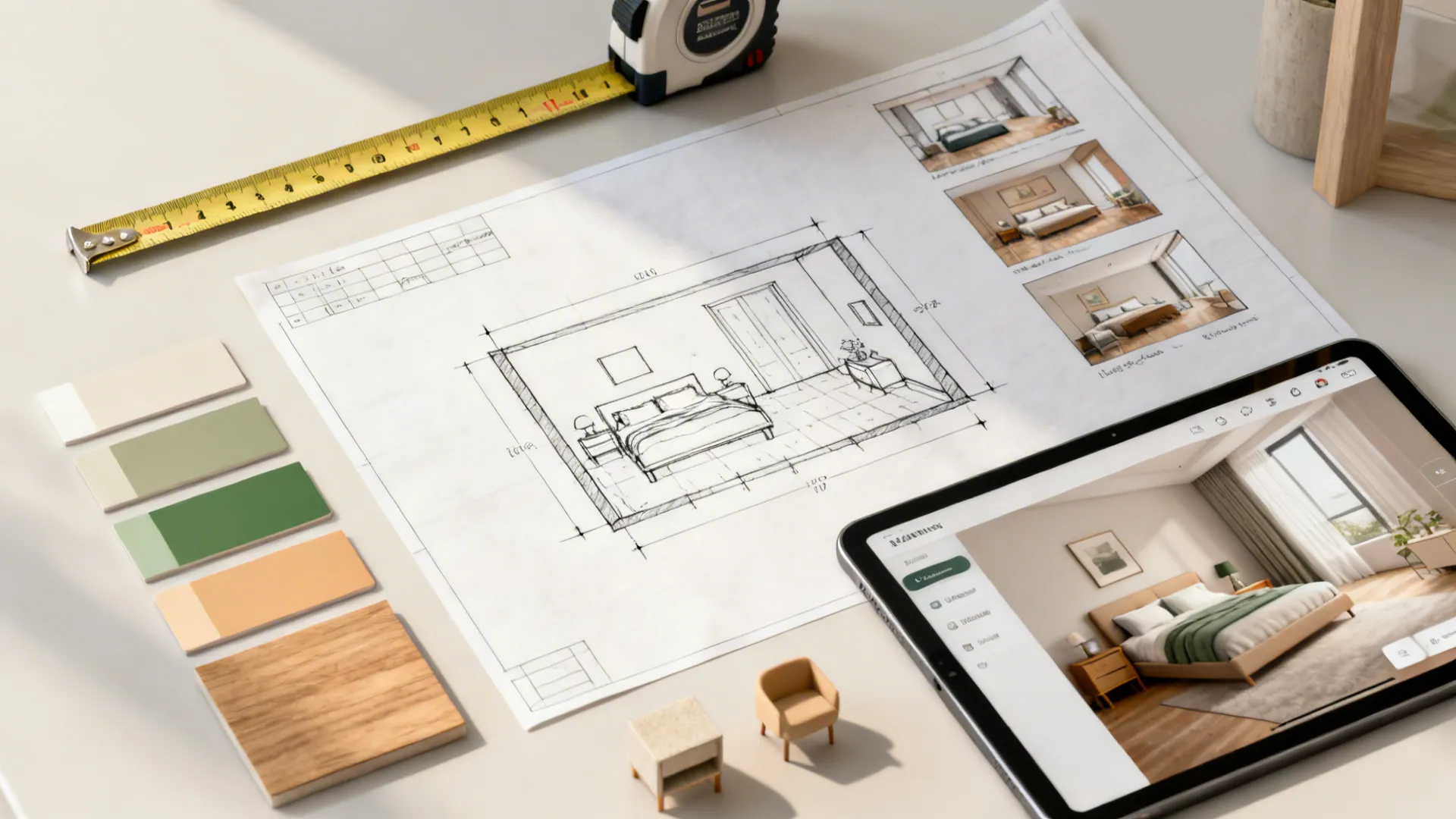 Interior design drawing on desk with measuring tape color swatches furniture models and tablet screen