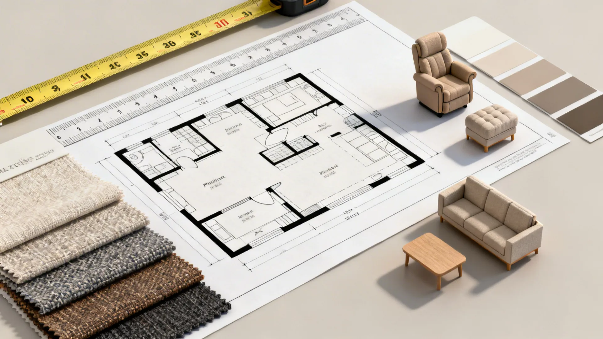 Flatlay of room planner tools, measuring tape, fabric swatches and furniture cutouts for layout testing