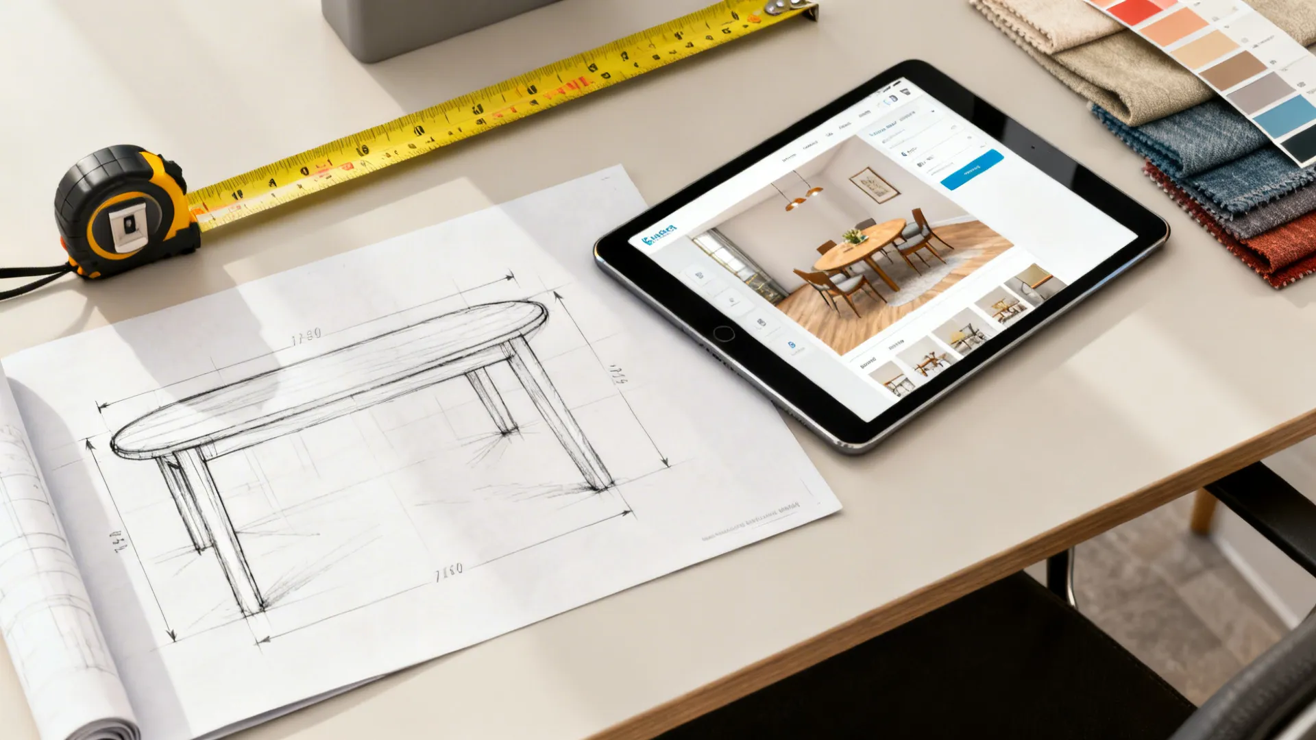 Flatlay of tools for planning drop leaf table layouts: measuring tape, sketches, tablet with room planner.