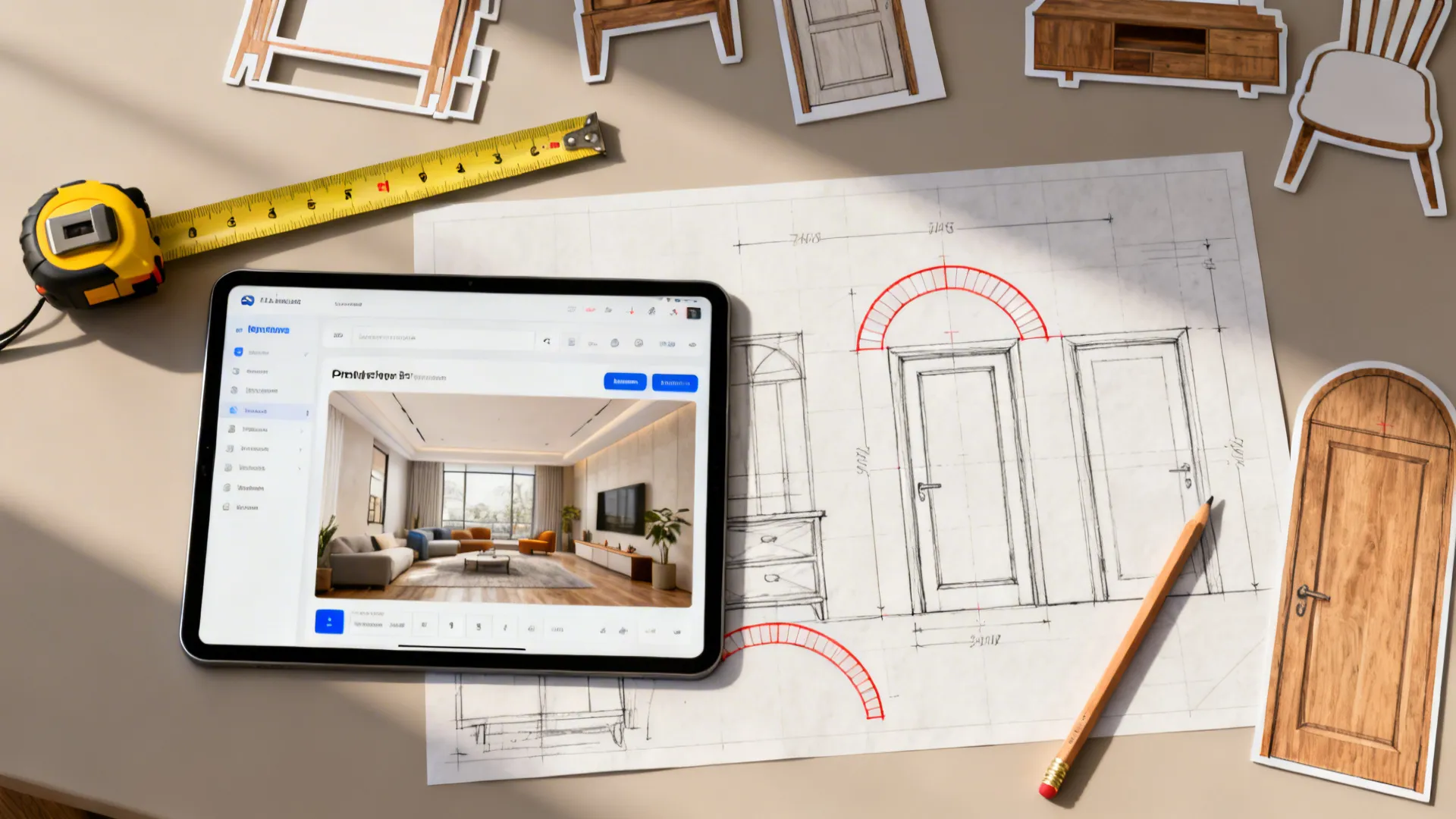 Top-down flatlay of small room planning with scaled furniture cutouts, tablet planner and measuring tools