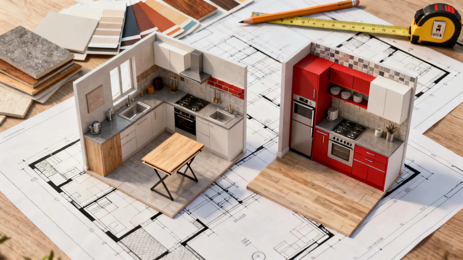 Flatlay showing two small kitchen layout options with material swatches and tools