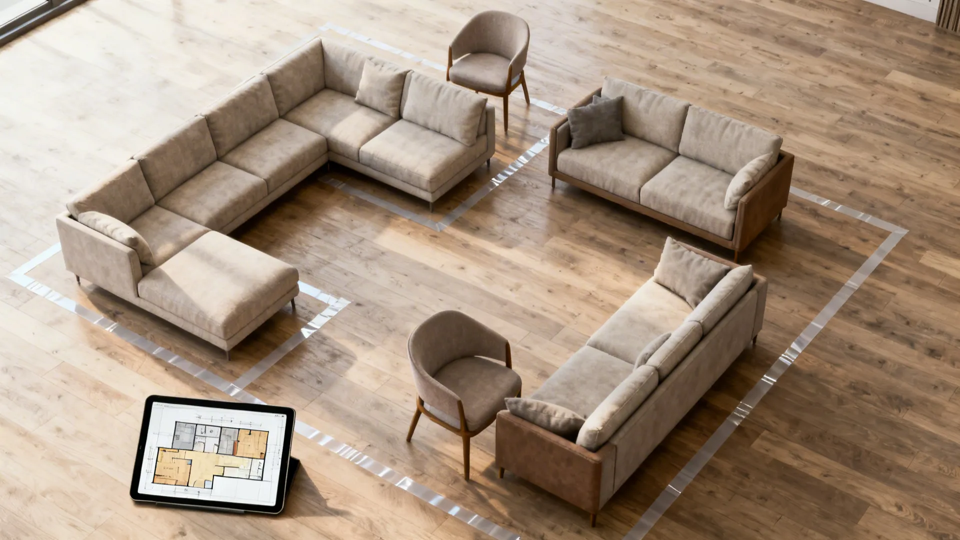 Top-down floor view showing tape outlines and multiple layout options for sectional and sofa.