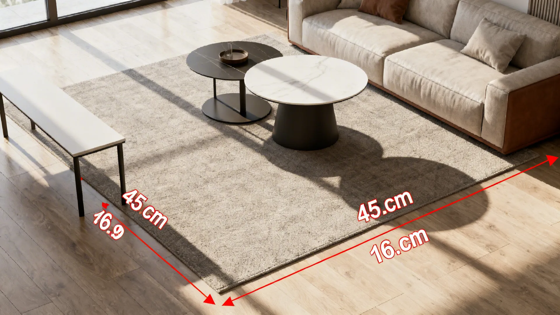 Top-down living room layout mockup showing table options and 45 cm clearance guideline for circulation