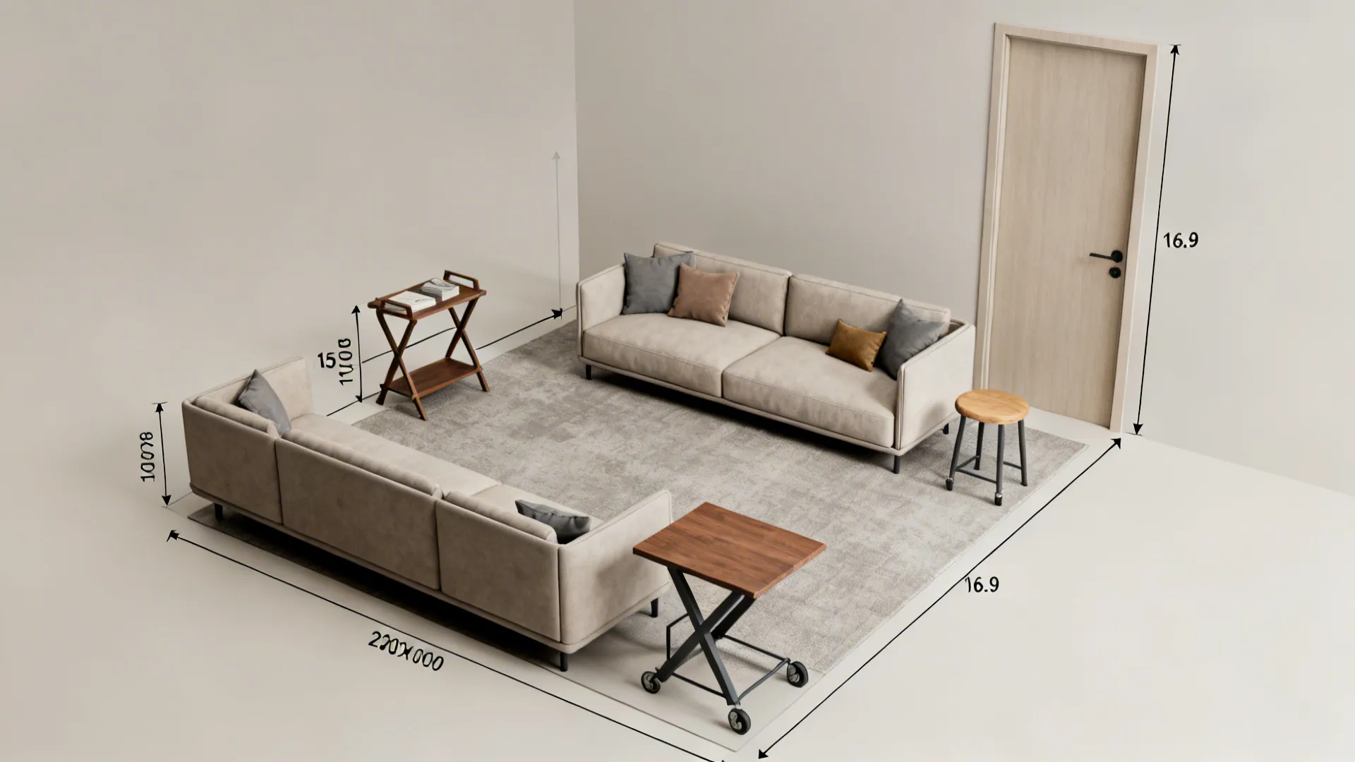 Top-down floorplan mockup showing clearance around seating and side table placement options.