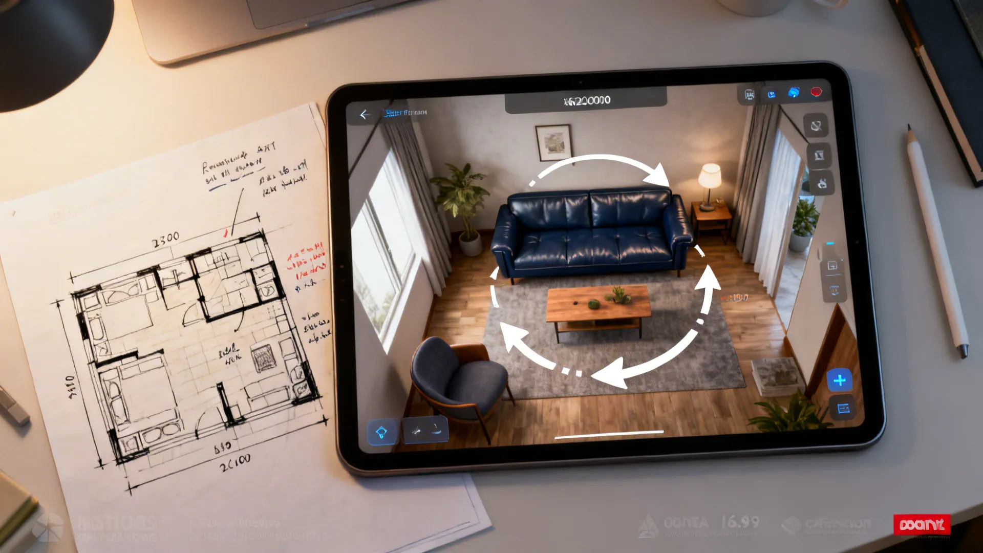 Top-down view of a floor plan sketch and tablet showing layout options for a compact living room with a navy sofa.