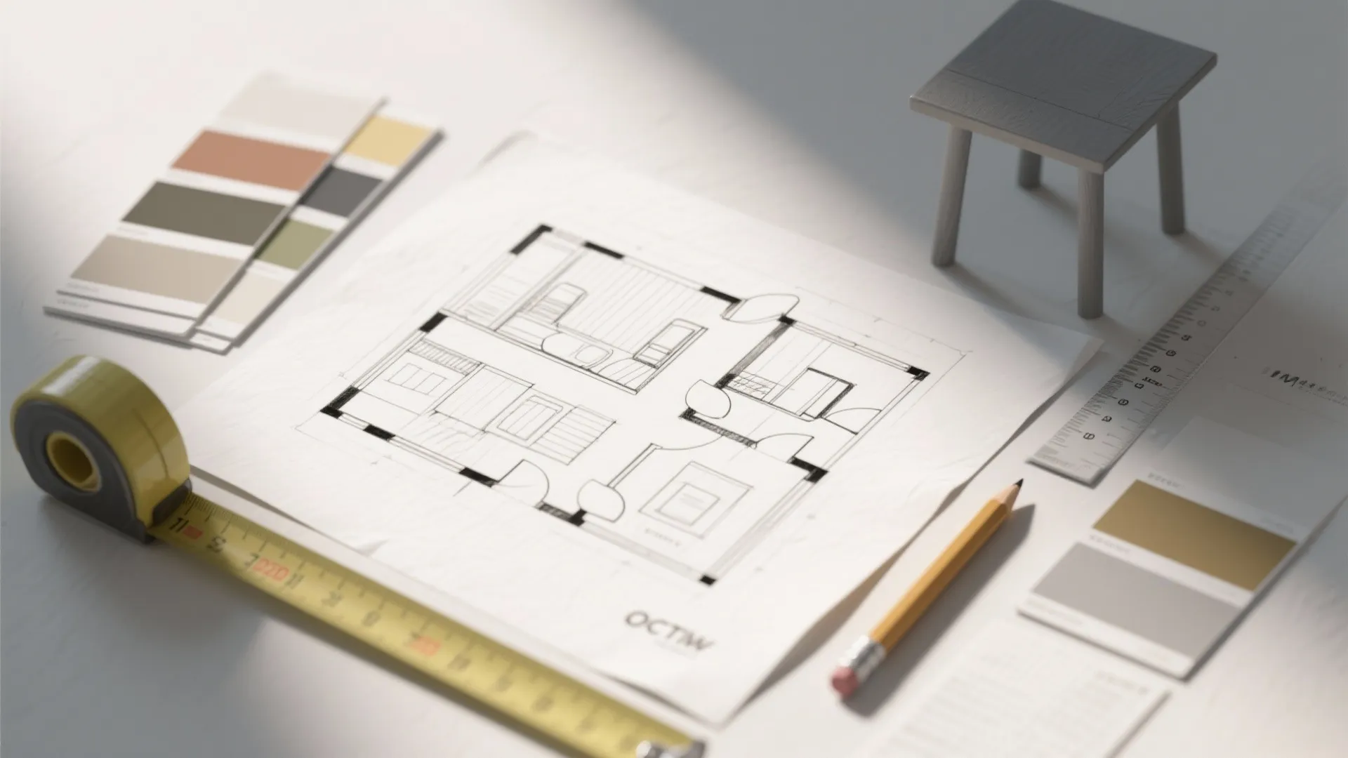 Flatlay of a quick floorplan sketch, paint chips and measuring tools for table layout planning