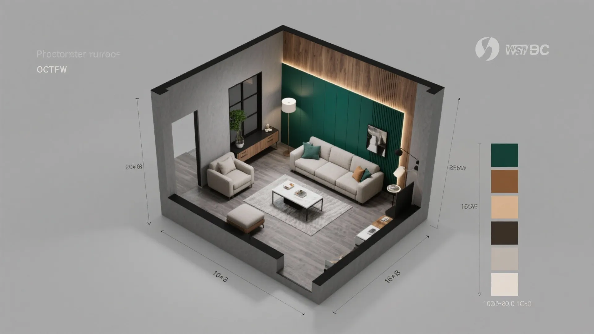 Top-down mockup of a gray living room floor plan with an accent wall highlighted and color swatches.