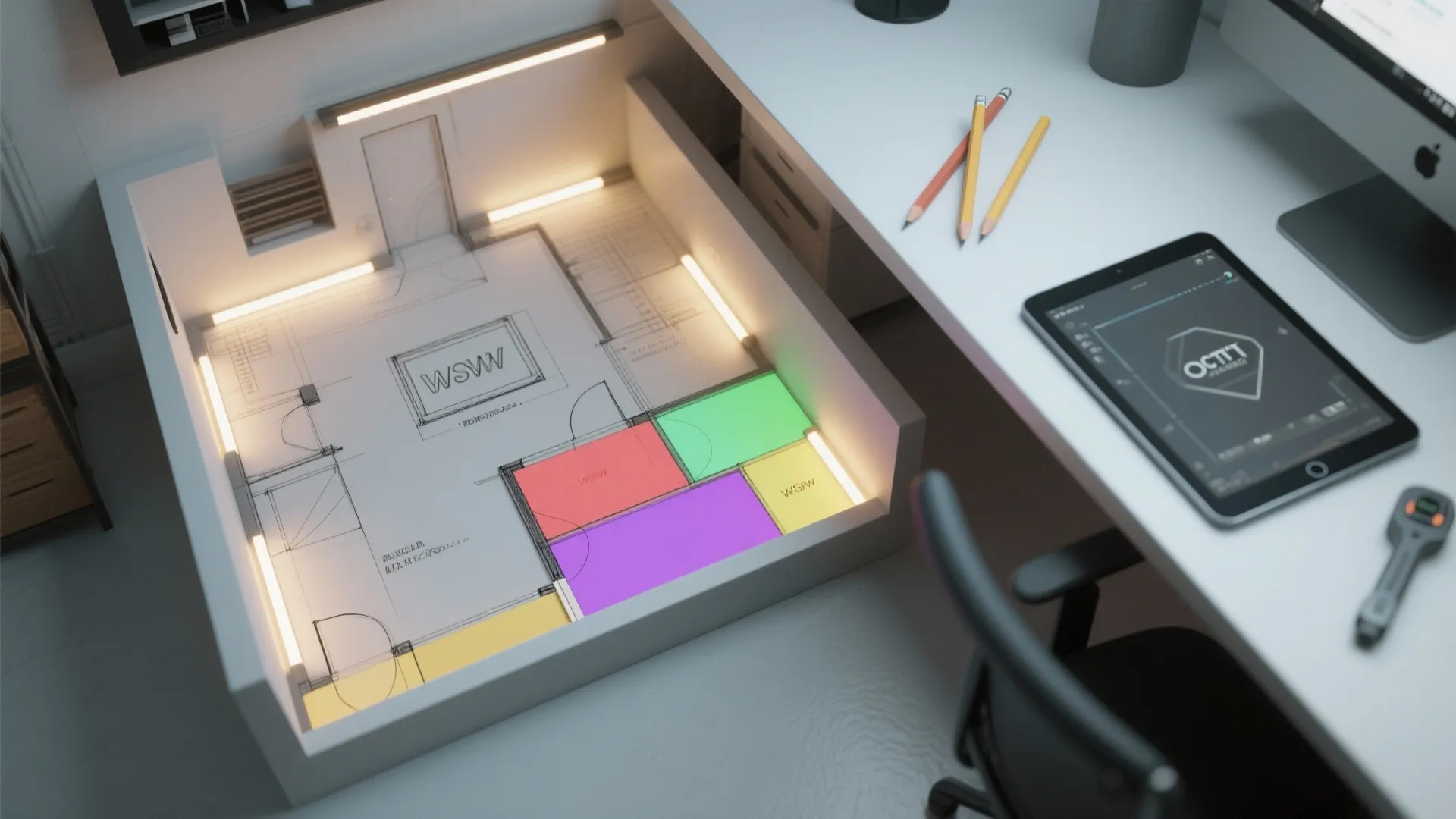 Interior design drawing of room layout with colorful zones next to tablet and orange pencils