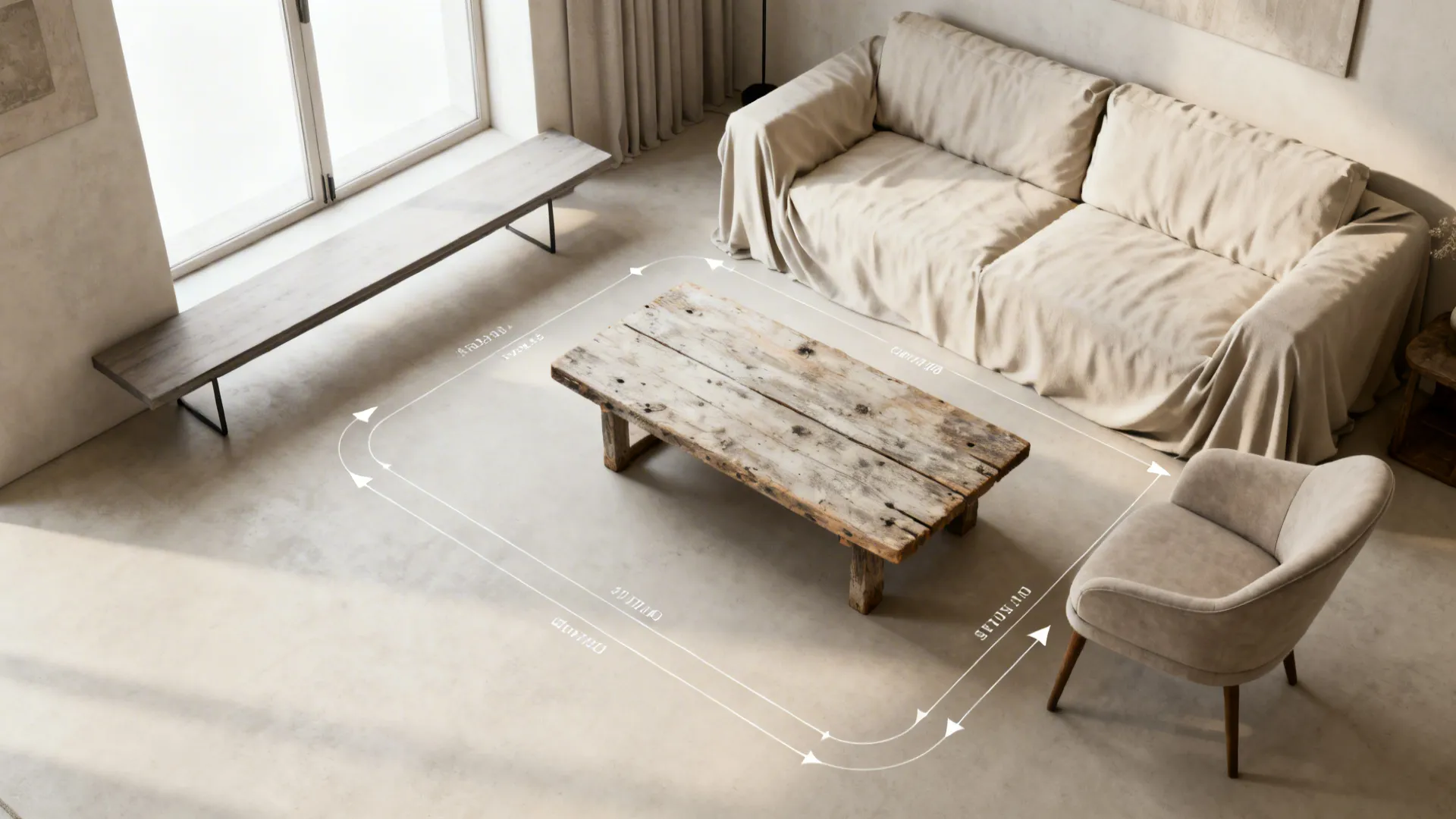 Top-down mockup of a small living room layout showing scaled furniture and circulation