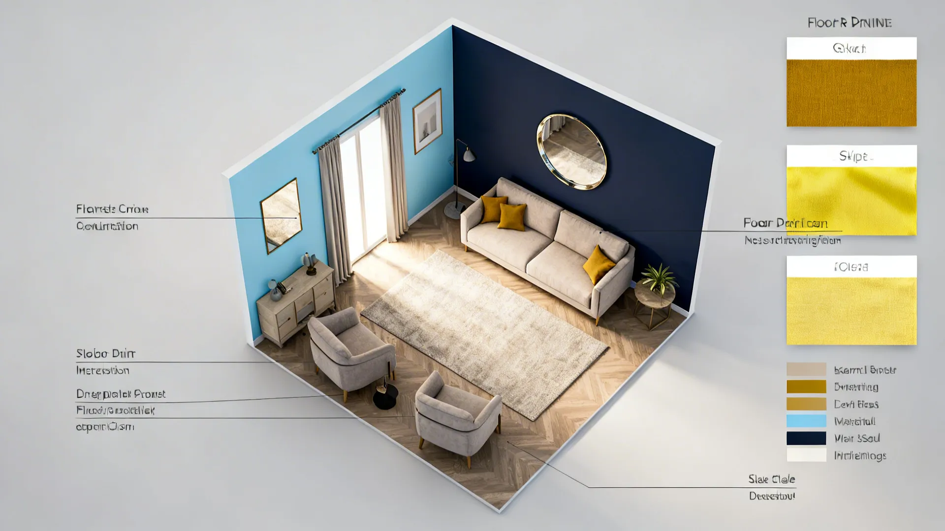 Top-down 3D floor planner view with blue and yellow fabric swatches and mirror placement