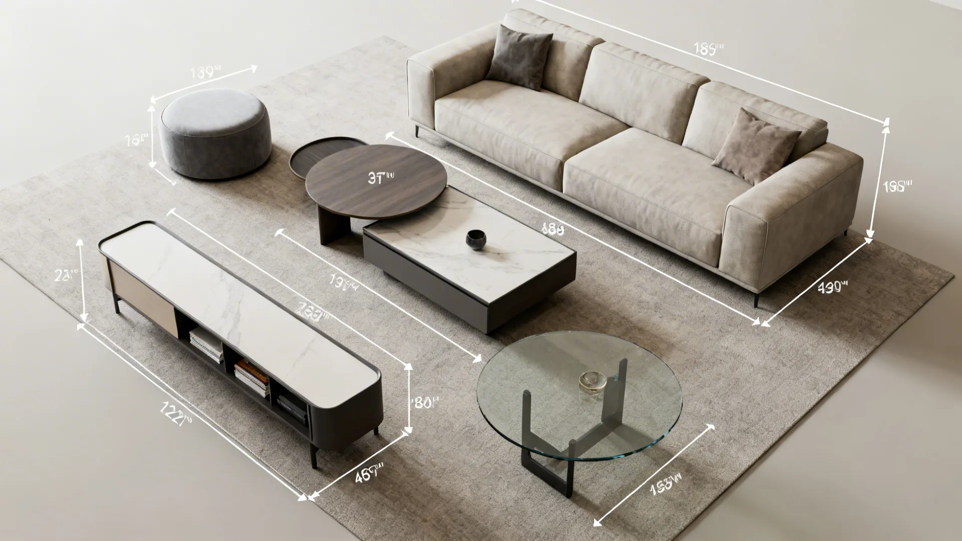 Top-down floor plan mockup showing coffee table options and circulation measurements in a small living room