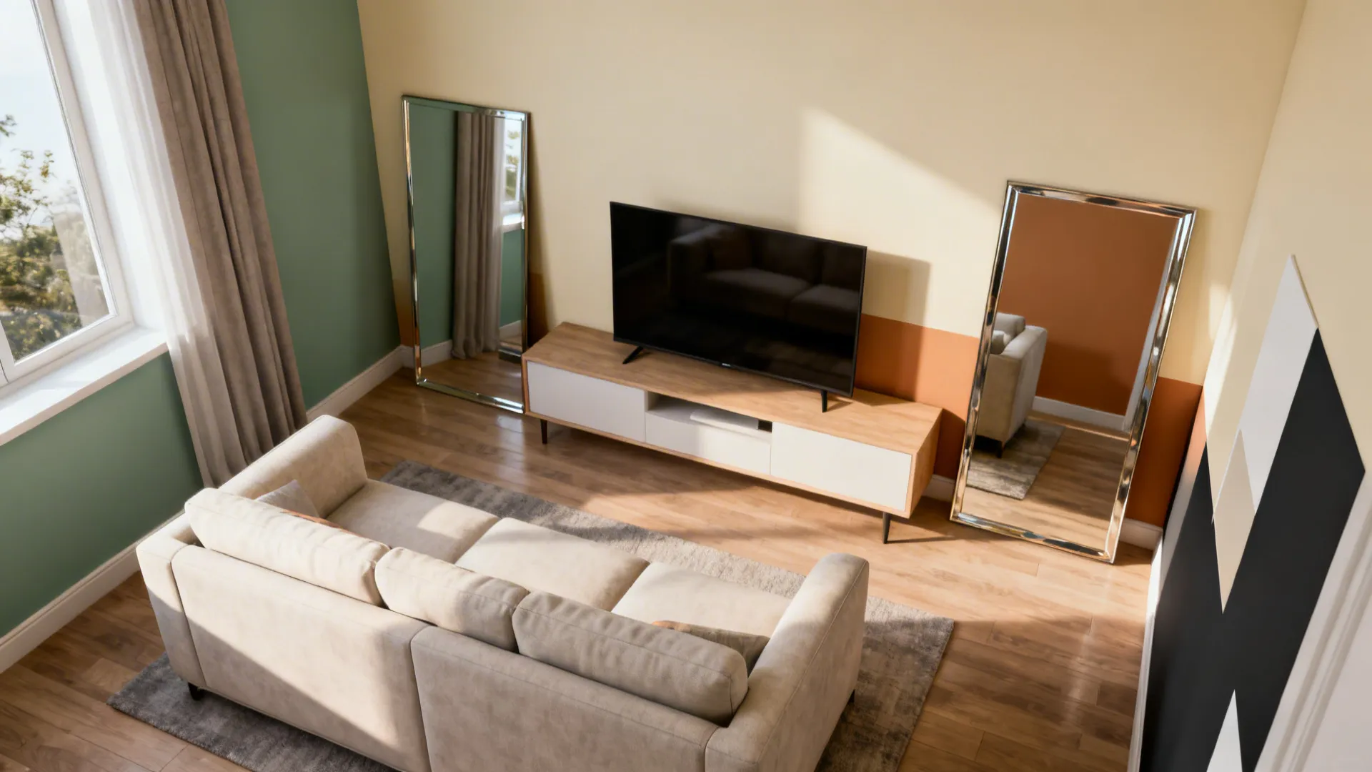 Top-down mockup of a small living room showing furniture placement and paint swatches