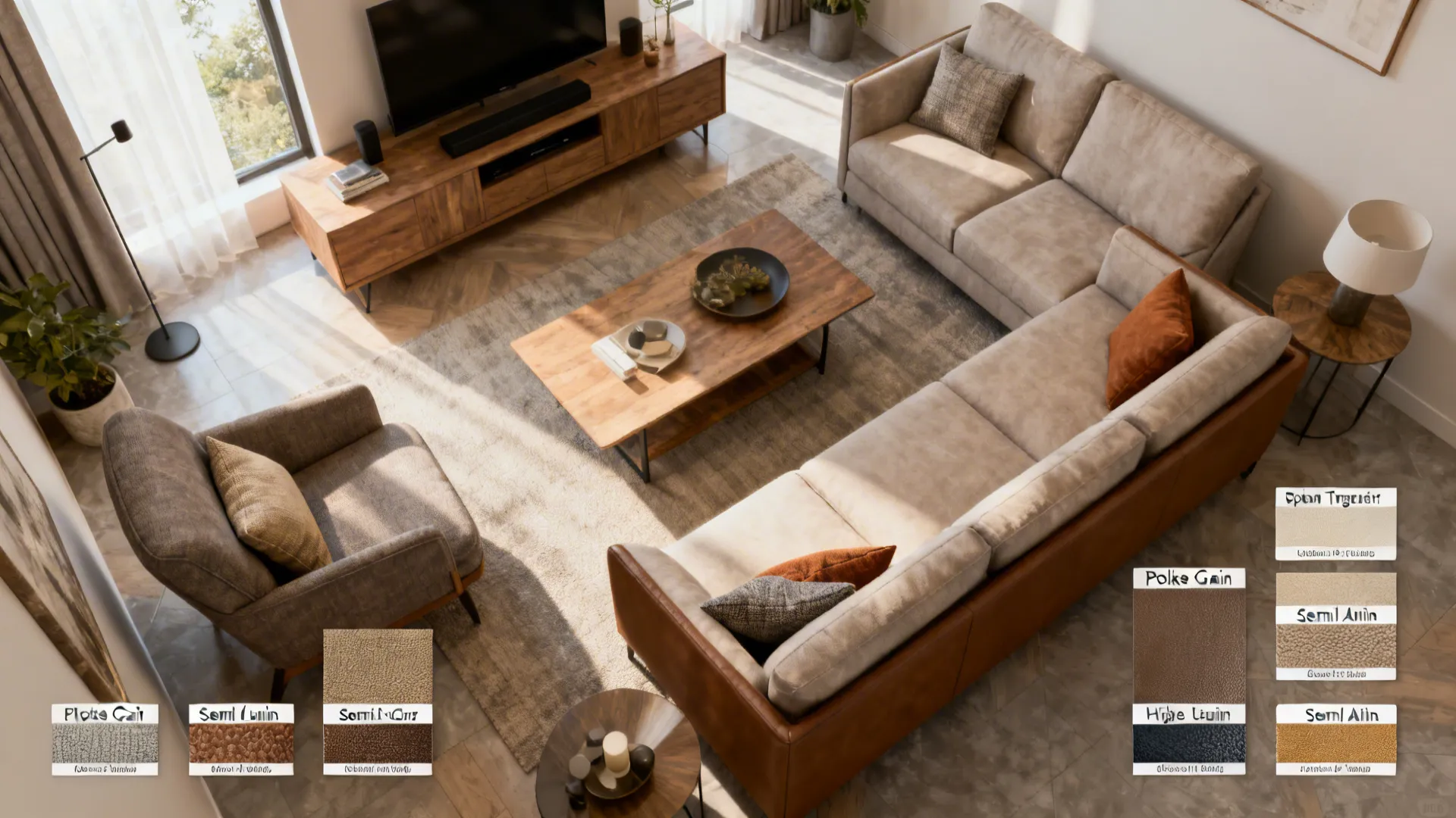 Top-down mockup of a small living room layout with leather swatches and traffic-zone notes.
