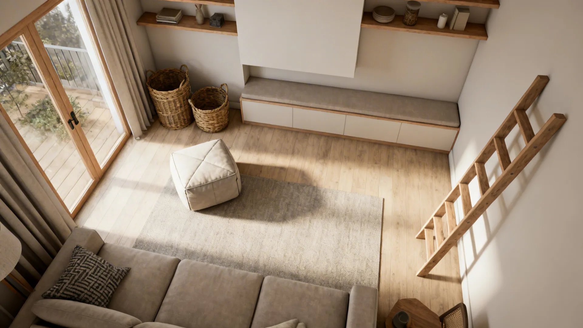 Top-down mockup of a small living room showing recommended blanket storage placements for scale testing