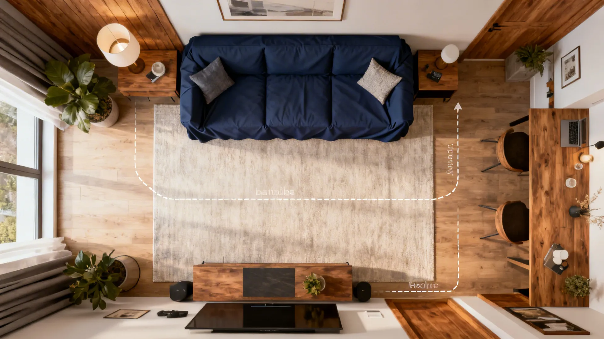 Top-down layout of a small living room showing furniture placement and circulation around a navy sofa.