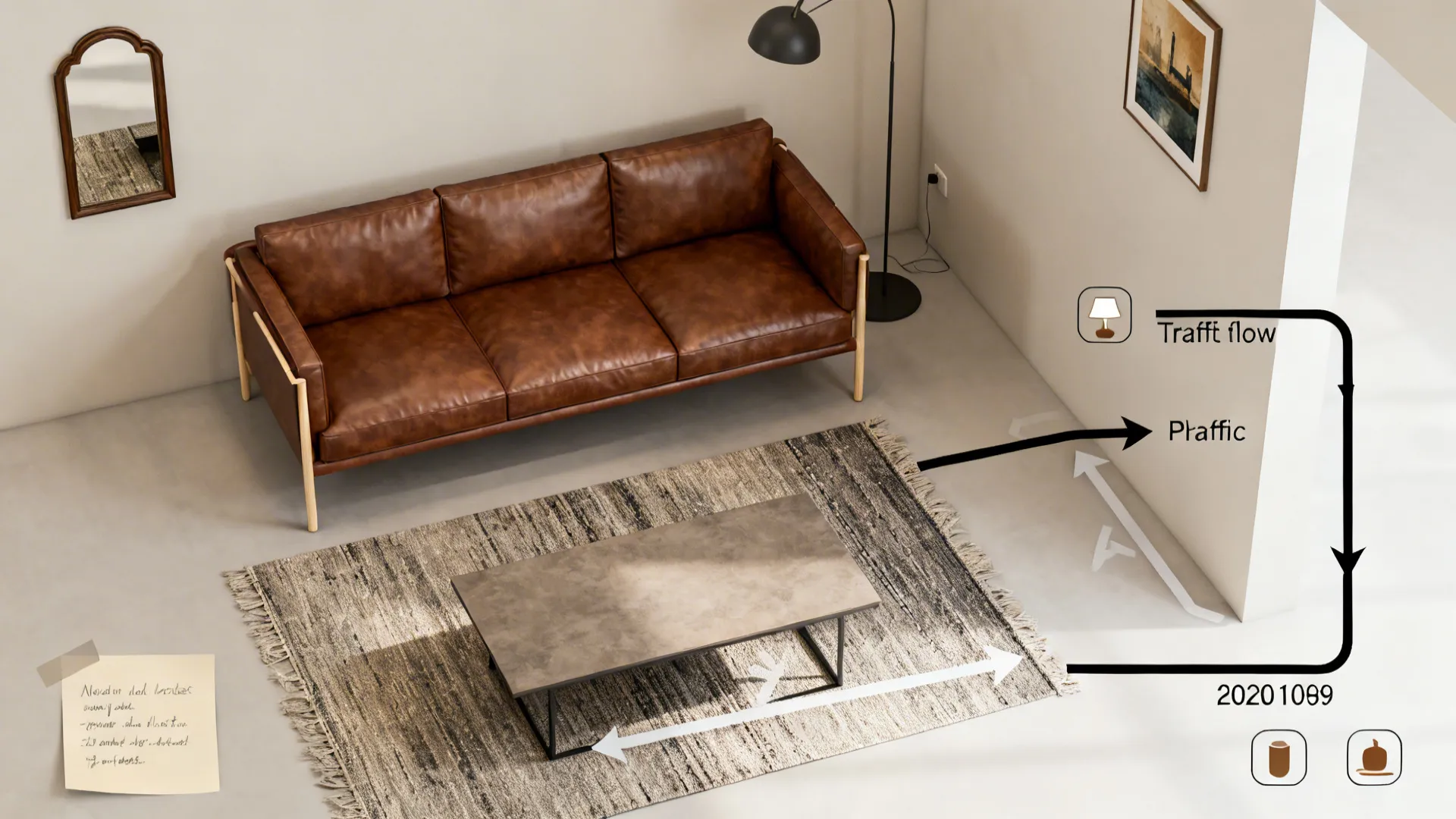 Top-down small living room mockup with brown leather sofa and suggested traffic flow and furniture placement.