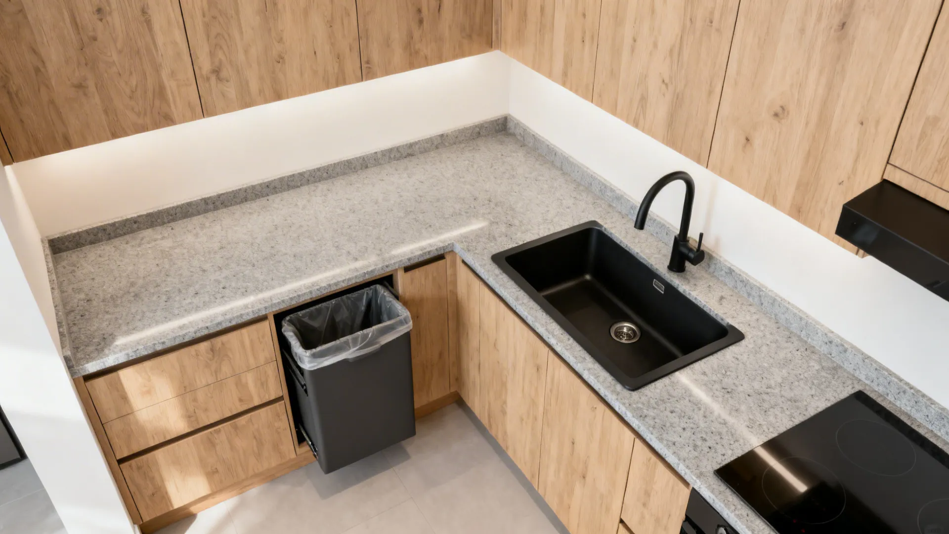 Compact L-shaped kitchen with a straight-run undermount granite sink and clear prep space to one side.