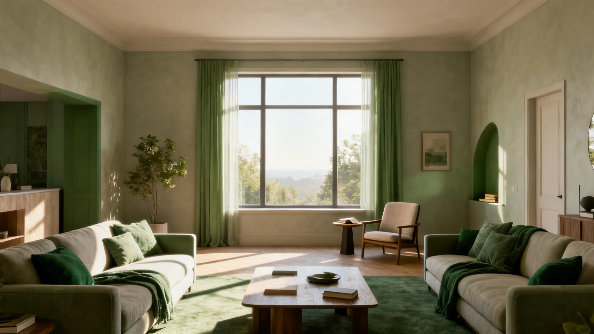 Living room layout optimized for flow with seating facing a large window focal point and a cozy reading nook