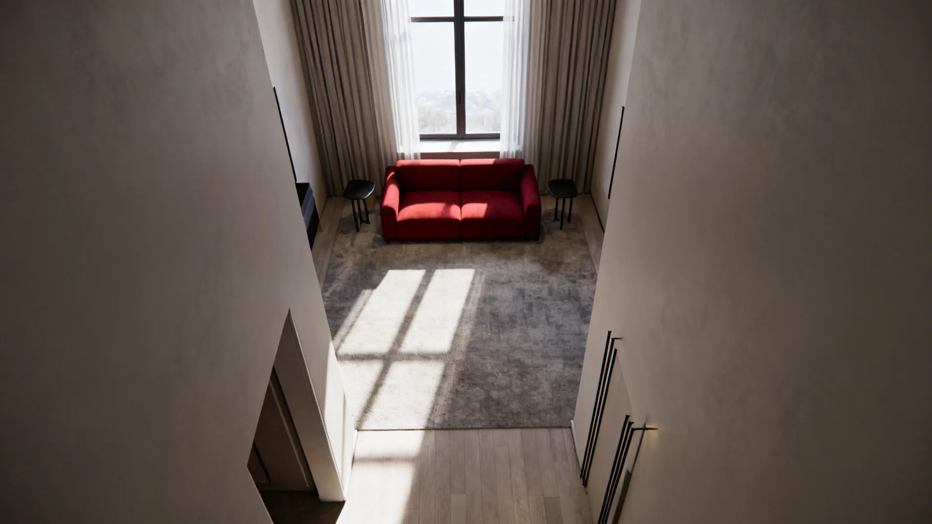 Top-down view of a narrow living room with a red sofa rotated to improve circulation and face the window.