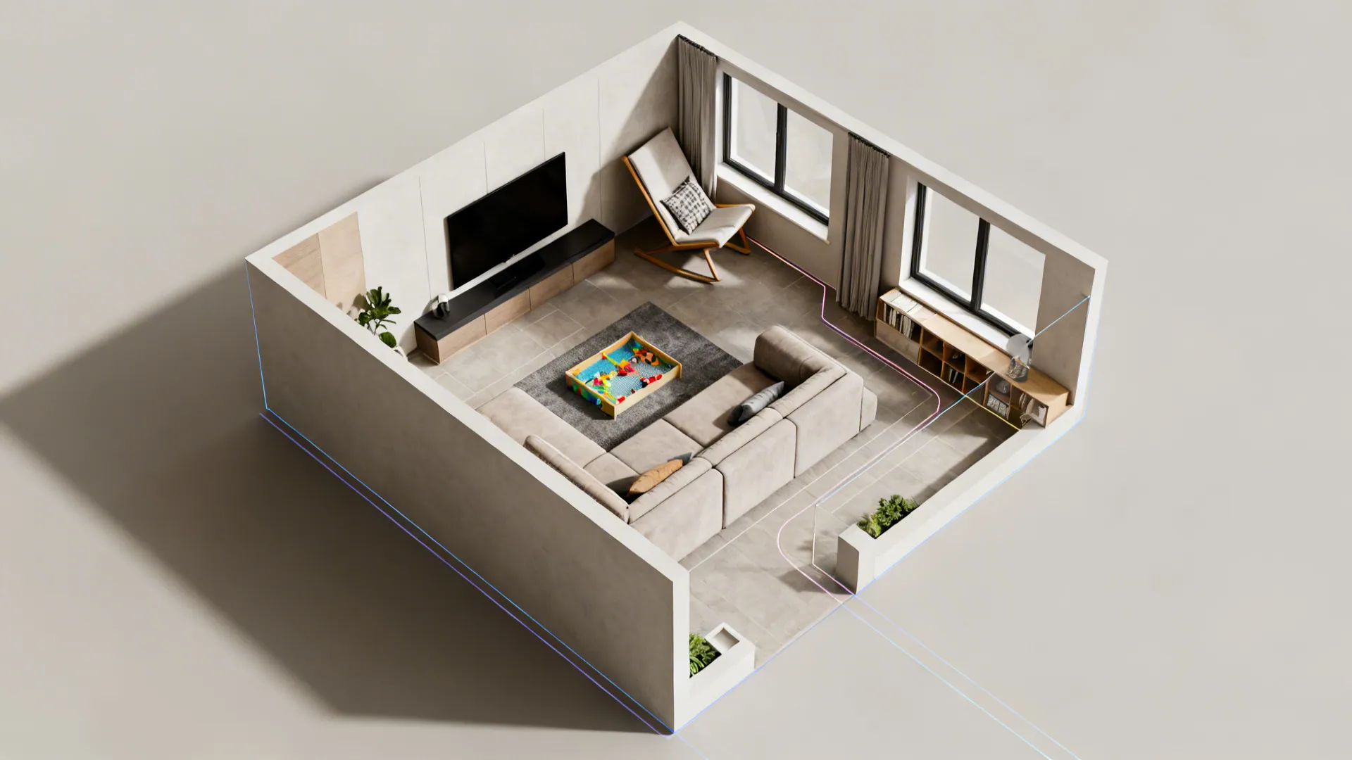 Top-down plan of a small room showing furniture layout and circulation paths emphasizing flow over symmetry.