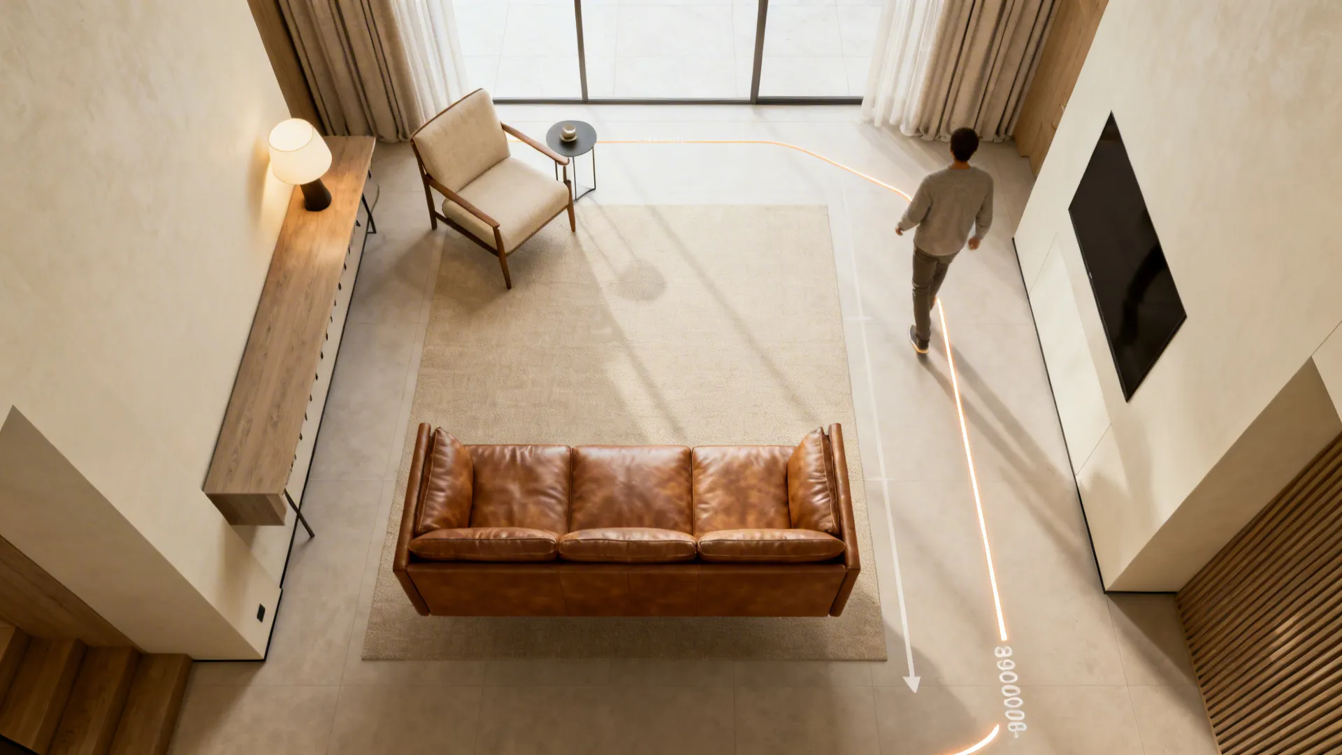 Layout diagram-style rendering of a floating leather sofa arrangement promoting conversation and flow.